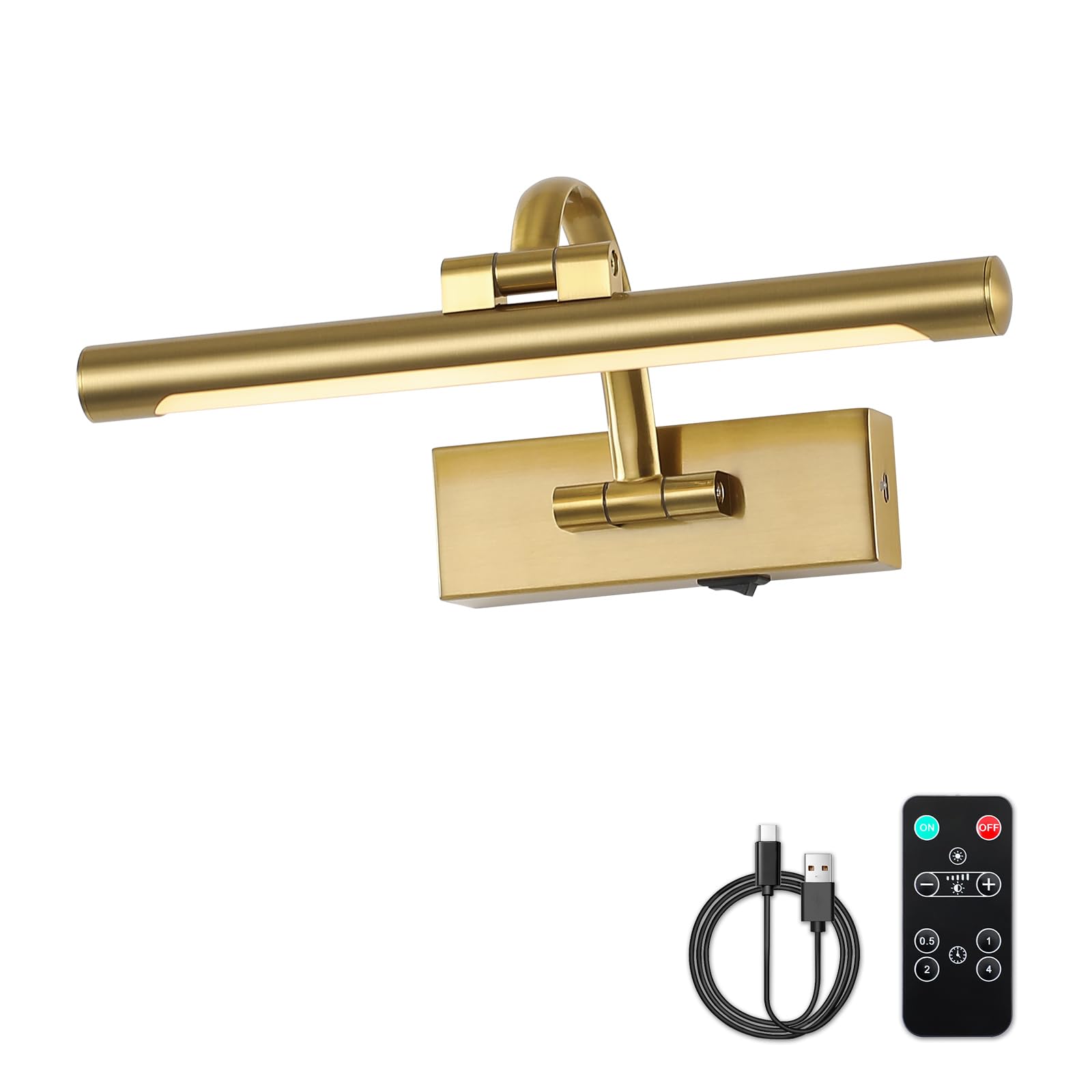 DESOOP Wireless Picture Light - Brass, 12 Inch, Battery Operated with Remote & Timer, Model 7115, Dimmable Art Lamp for Wall Display