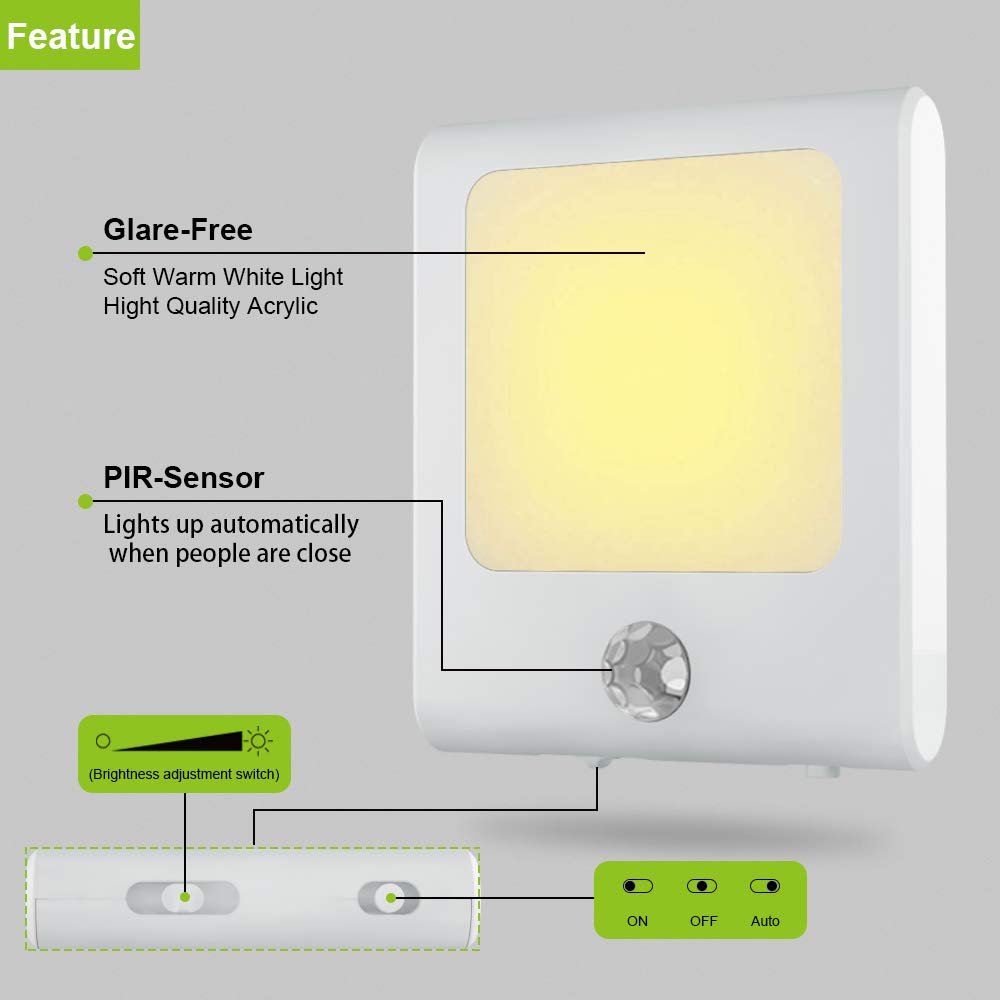 MAZ-TEK Plug in Motion Sensor Lights, Adjustable Brightness, Warm White, 2 Pack, Ideal for Hallway, Kitchen, Living Room, and More