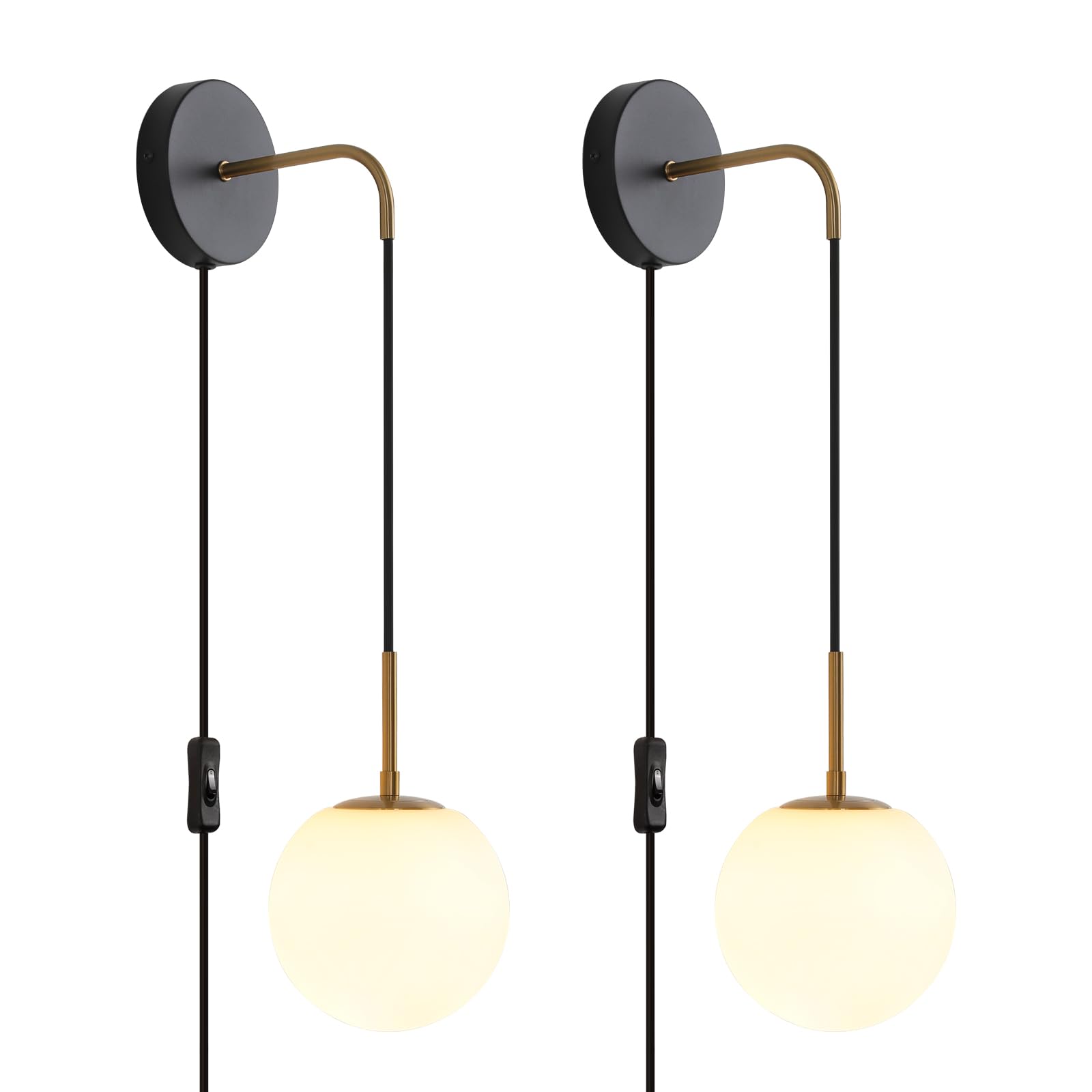 KUZZULL Plug in Wall Sconces Set of 2 Black and Brass Gold Wall Sconces Set of Two Plug in Hanging Wall Lamp with Plug in Cord w