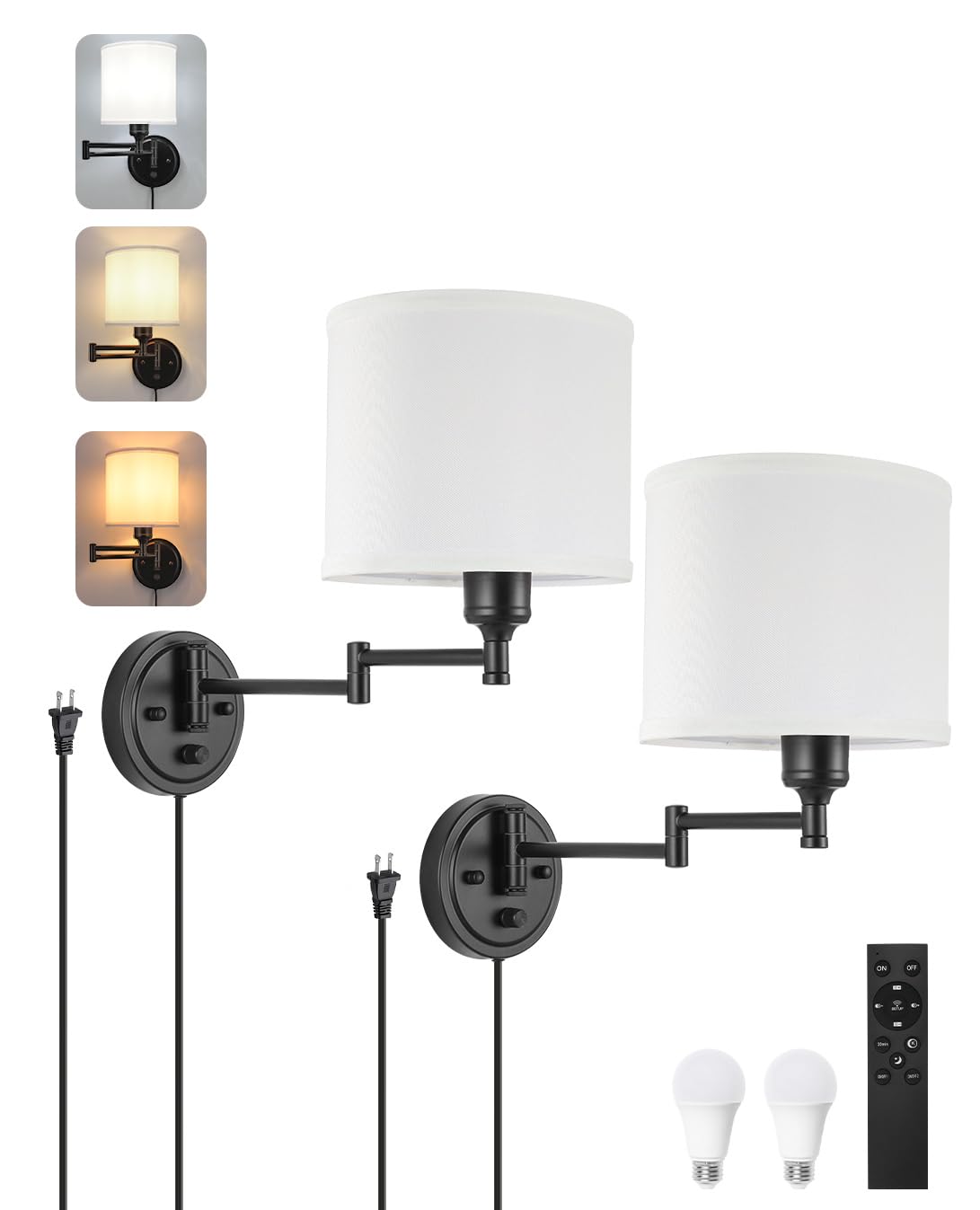 GOODATE Plug-in Wall Sconces Set of Two, Remote Control, Dimmable 2700K-6500K, Black Finish, Fabric Shade, Model BZ-YK