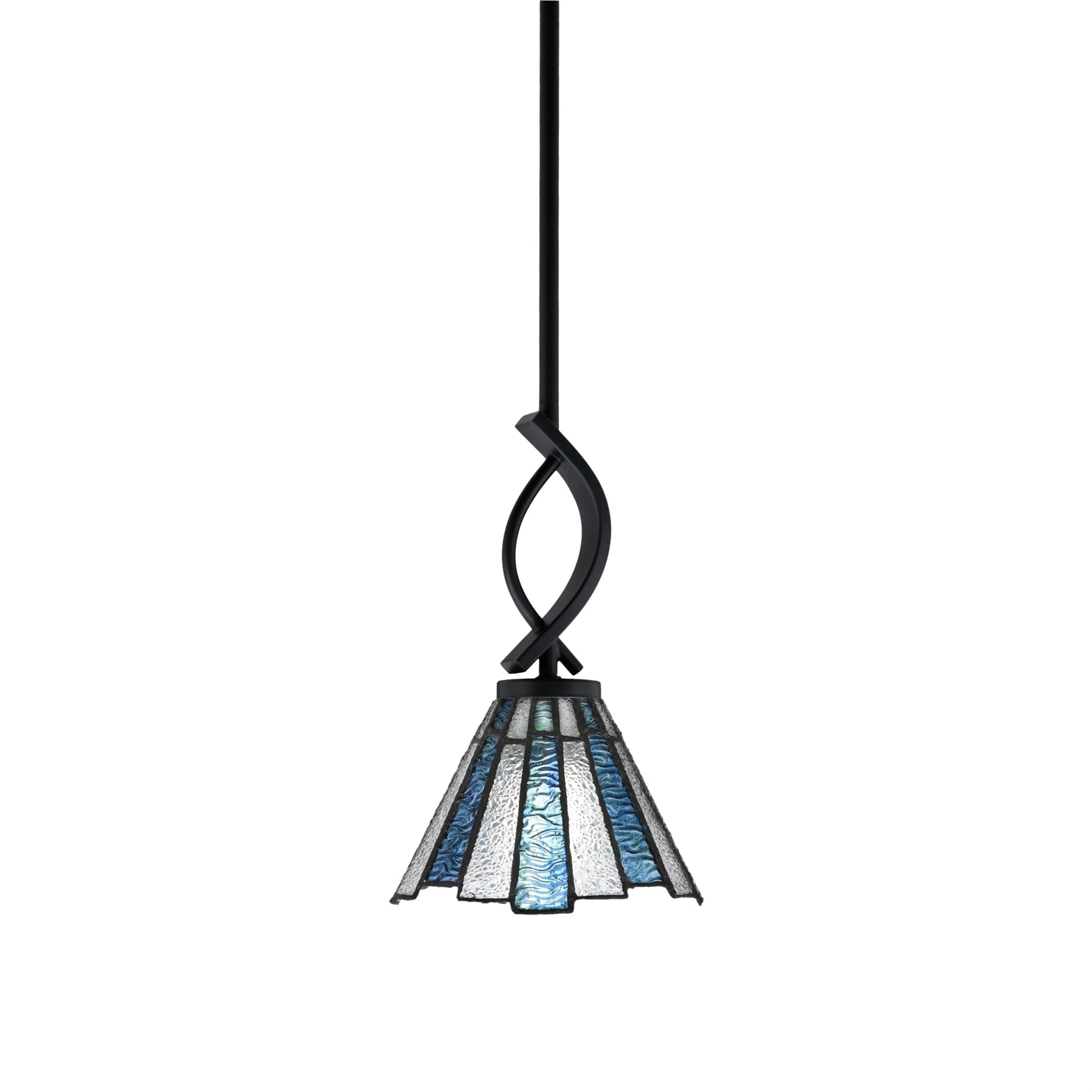 Cavella 1 Light Stem Mini Pendant Shown in Matte Black Finish with 7" Sea Ice Art Glass