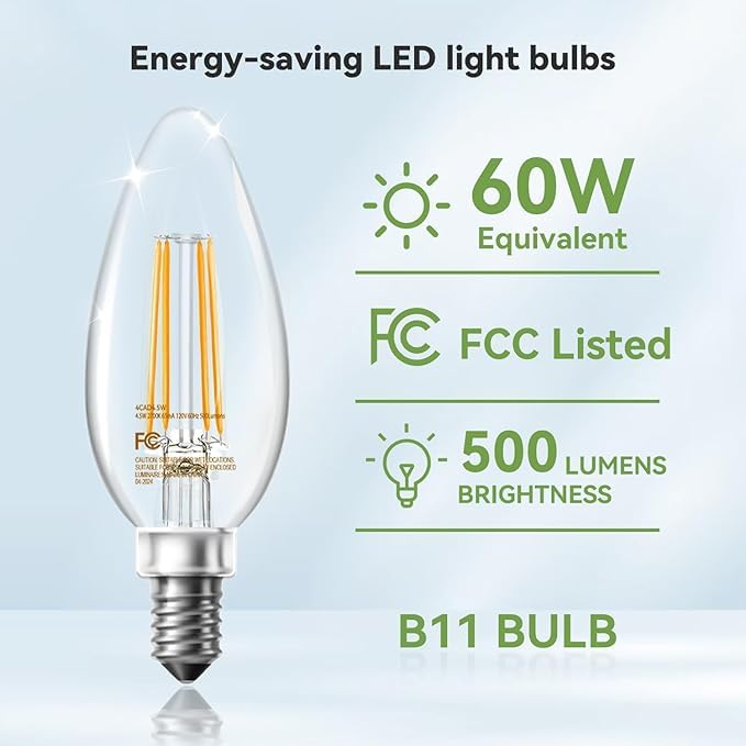 Volivo 24 Pack Chandelier Led Bulbs,B11 Candelabra 4.5W, 60 Watt Equivalent, 2700K Clear Glass Filament, E12 Standard Base,Soft