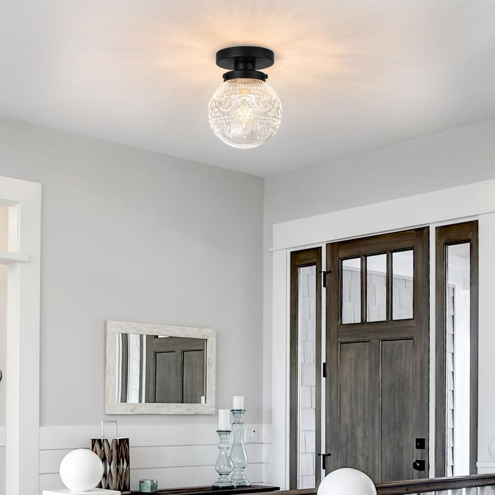 Daunton Semi Flush Mount Ceiling Light Fixtures, Vintage Globe Glass Ceiling Light Fixture, Antique Small Black Hallway Light Fixtures For Bedroom, Closet, Entryway, Bathroom, Kitchen