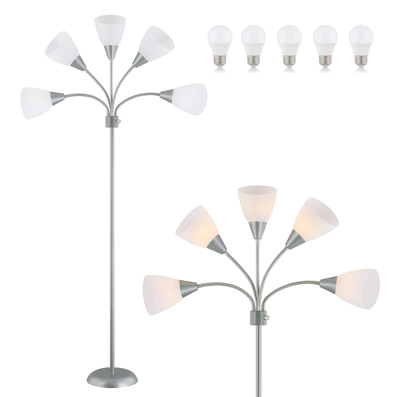 LTGSRC Medusa Modern Decor Floor Lamp, 5 Head Adjustable Gooseneck Lamps for Reading, White Shades Multiple Tall Standing Lamps 