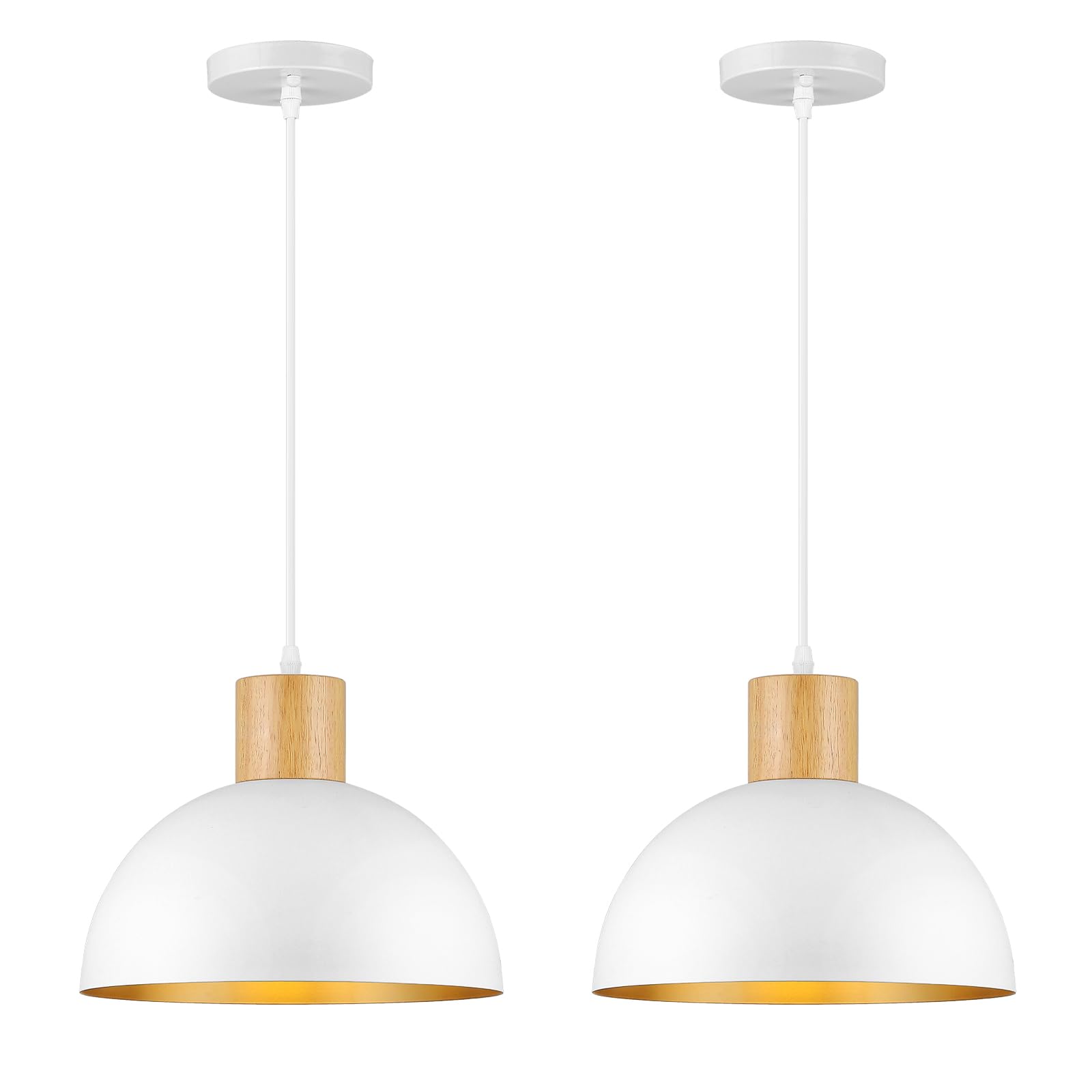 QianZhan White Pendant Light, 2 Pack Wood Dome Pendant Lights Fixtures Adjustable Modern Hanging Lighting,for Kitchen Island Din