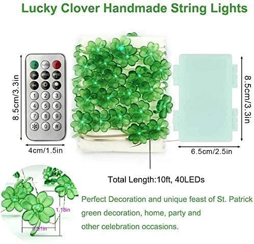 Kaisnova Decorative Light St. Patrick'S Day Lights Shamrocks Led String Lights 10Ft 40Leds Battery Powered With Remote Fairy Lucky Clover String Lights For Bedroom Party Feast Green Irish Decoration