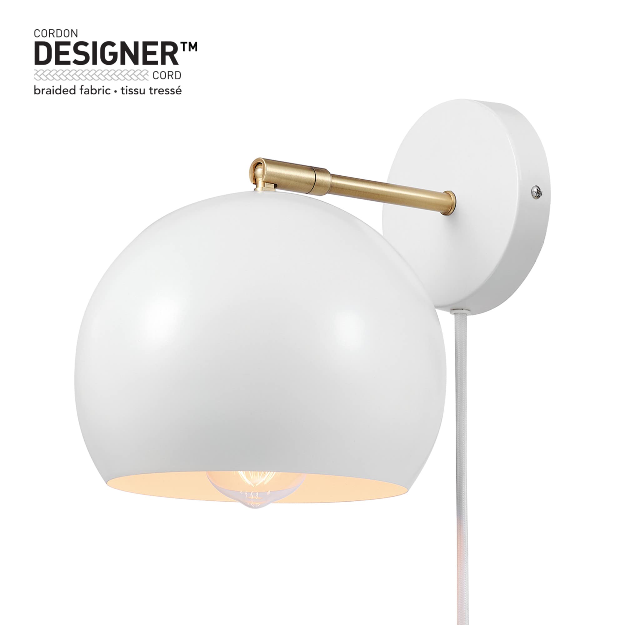 Globe Electric 52077 Molly 1-Light Plug-In Or Hardwire Wall Sconce, Matte White, Matte Brass Accent