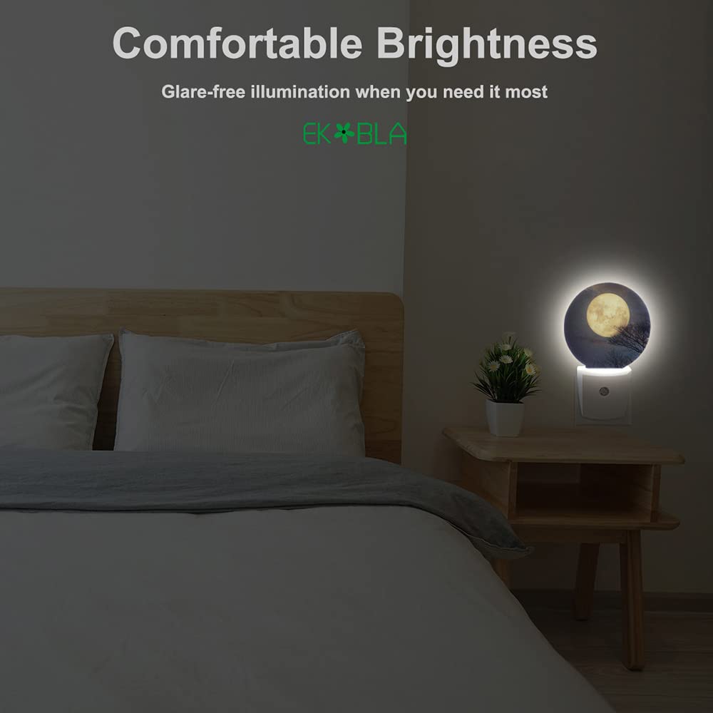 Ekobla Moon Led Night Light Full Moon Above The Treetops Starry Sky Dusk To Dawn Night Lamp Auto Sensor For Home Indoor Bathroom