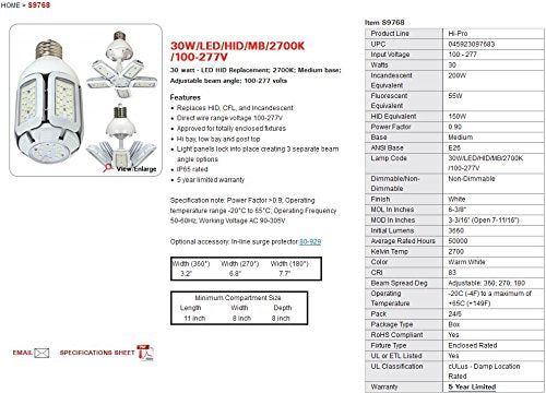 Satco S9768 LED Light Bulb, 30W HID Replacement, 2700K Warm White, Adjustable Beam Angle, Medium Base, Standard Size