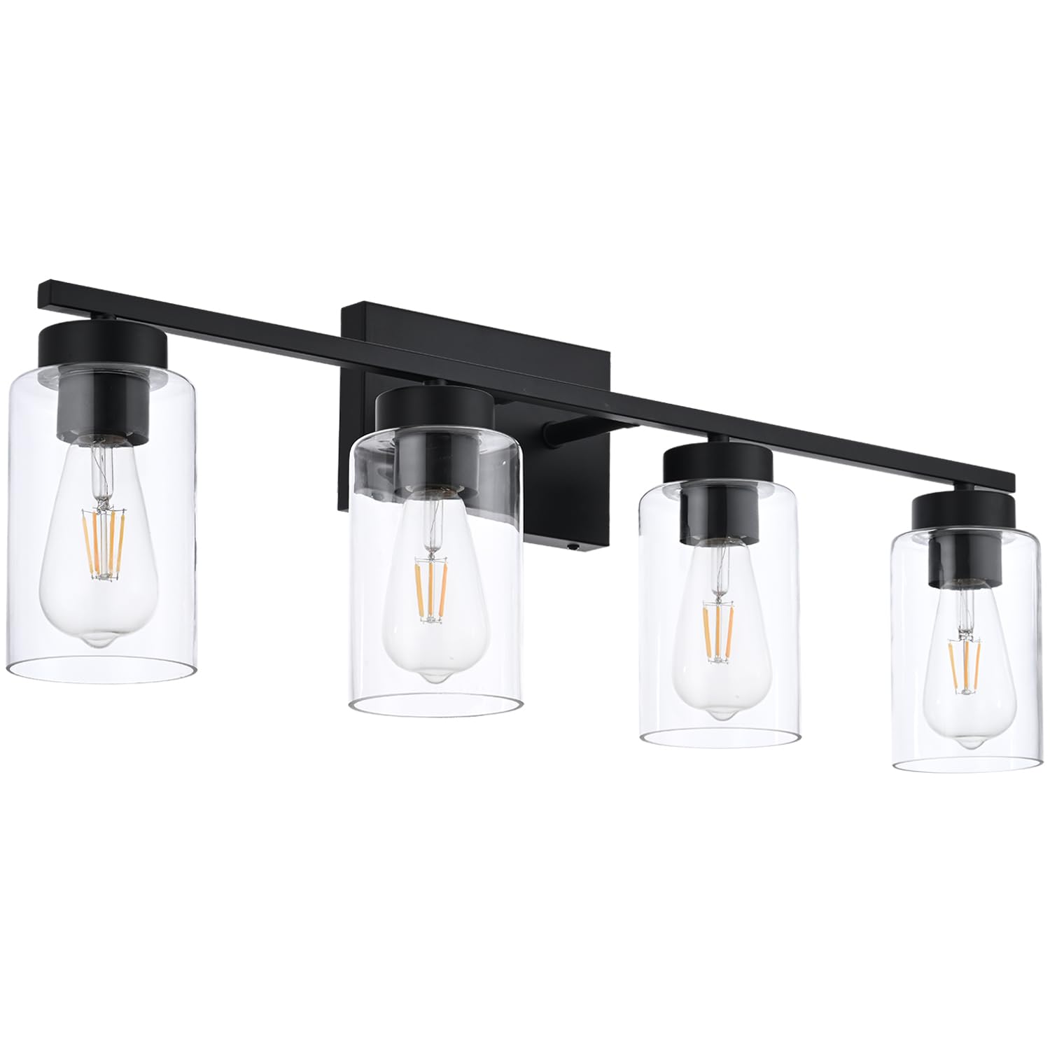 A1A9 4 Light Bathroom Vanity Light Fixtures, Matte Black, Clear Glass Shade, Model NF-22405BK