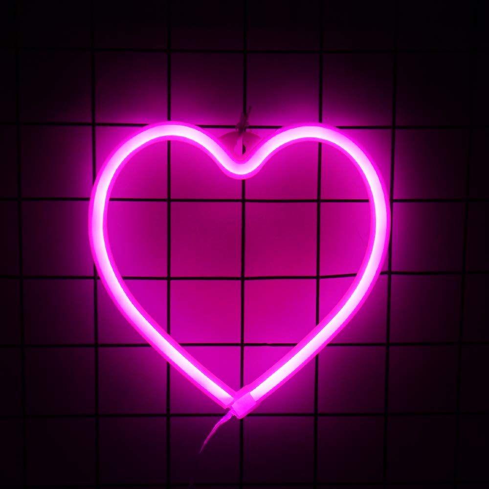 NiniTe LIGHTS Heart LED Neon Light, USB/Battery Powered Pink Love Shaped Neon Sign Lamp, Decorative Night Light Wall Decor for B