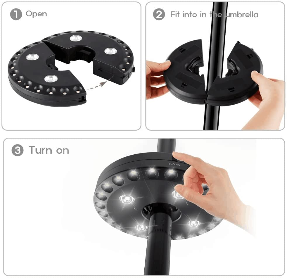 LATME Patio Umbrella Light, Cordless 28 LED, 3 Brightness Modes, Battery Operated, Model POL-Blac, Color Black