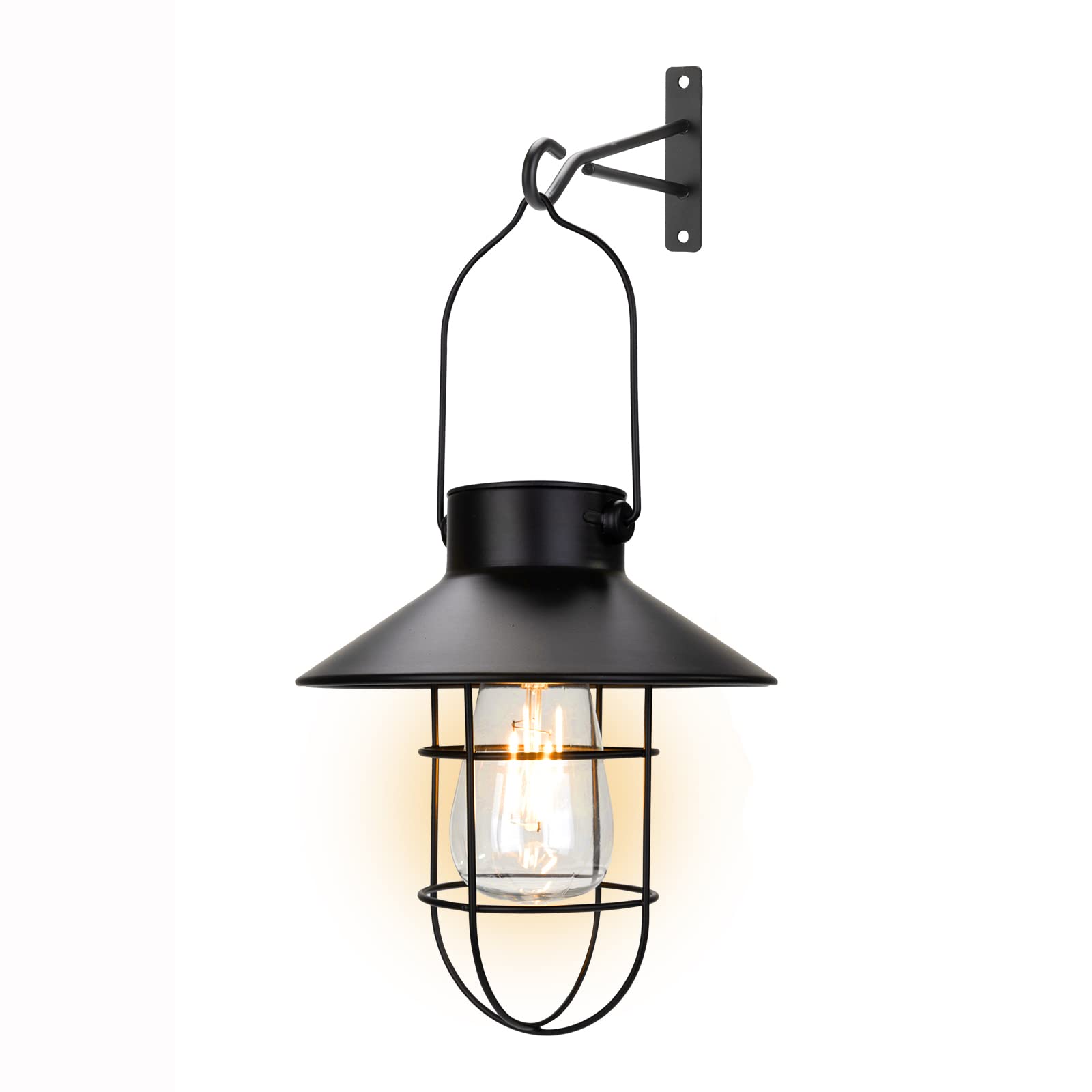 Pearlstar Solar Lanterns Outdoor Metal Solar Powered Hanging Lights Waterproof For Wall Yard Garden Patio Garage Balcony Porch Fence Decor, Warm White Edison Bulb,With Wall Mount Kit(Black-1Pack)