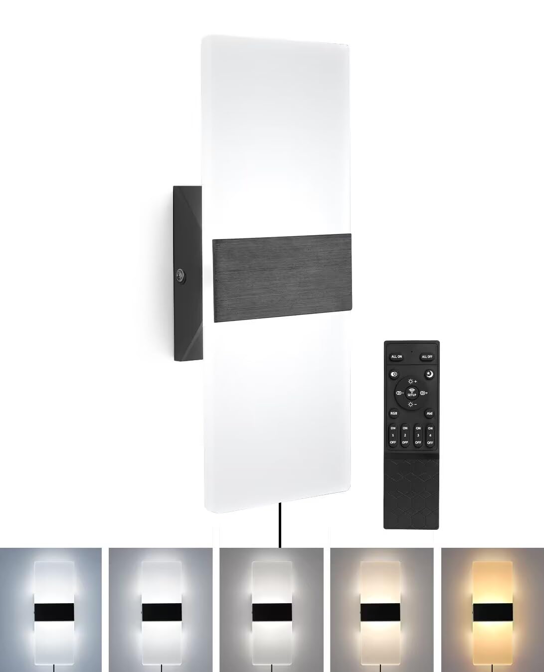 LARICH Plug in Wall Sconce - 12W LED Acrylic Light, 3000K-6500K Dimmable, Black, 1Pack, Model WS-2P-SL