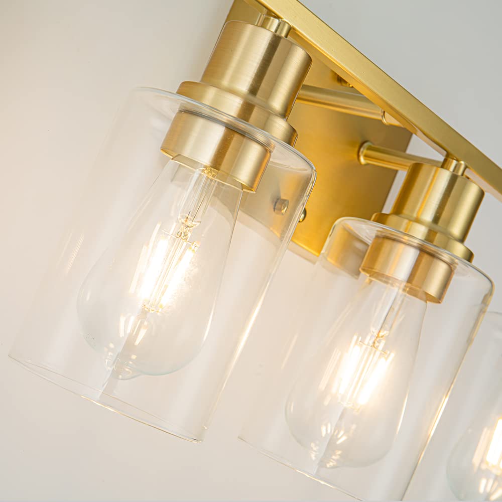 Emong Gold Bathroom Light Fixtures, 3-Lights Vanity Light With Clear Glass Shade, Brushed Brass Wall Sconce For Hallway, Farmhou