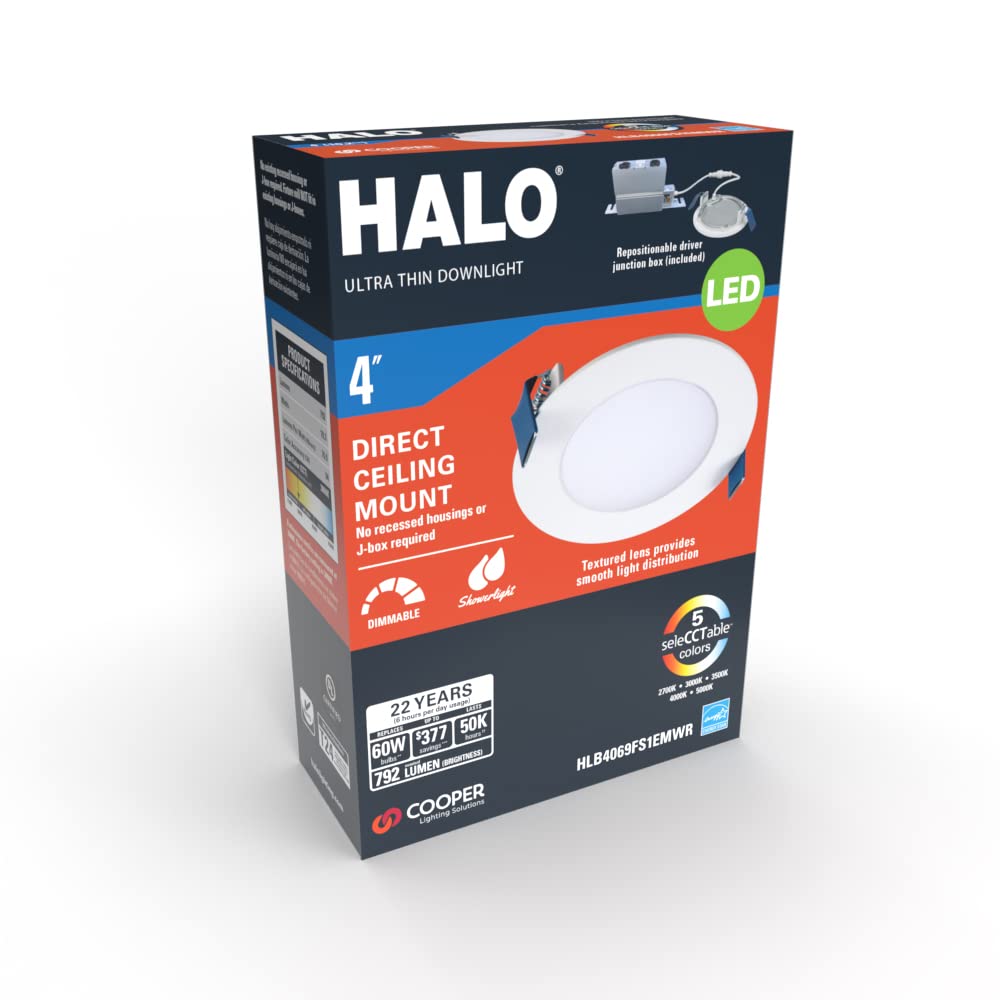 Halo 4 Inch Recessed Led Ceiling & Shower Disc Light - Canless Ultra Thin Downlight - 2700K/3000K/3500K/4000K/5000K Selectable- White - 4 Pack