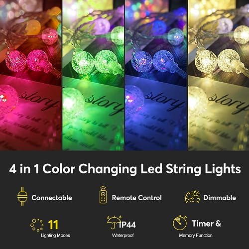 Rathun Multicolor Crystal Globe String Lights Plug In 116 Ft. 200 Led 8 Modes With Remote,Waterproof Fairy String Lights For Ind