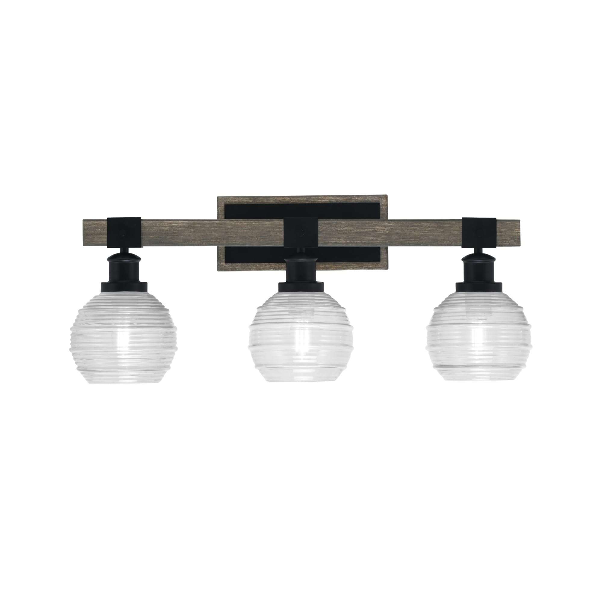 Toltec Lighting Tacoma 3 Light Bath Bar, Matte Black & Distressed Wood-Look Finish, 6in Clear Ribbed Glass