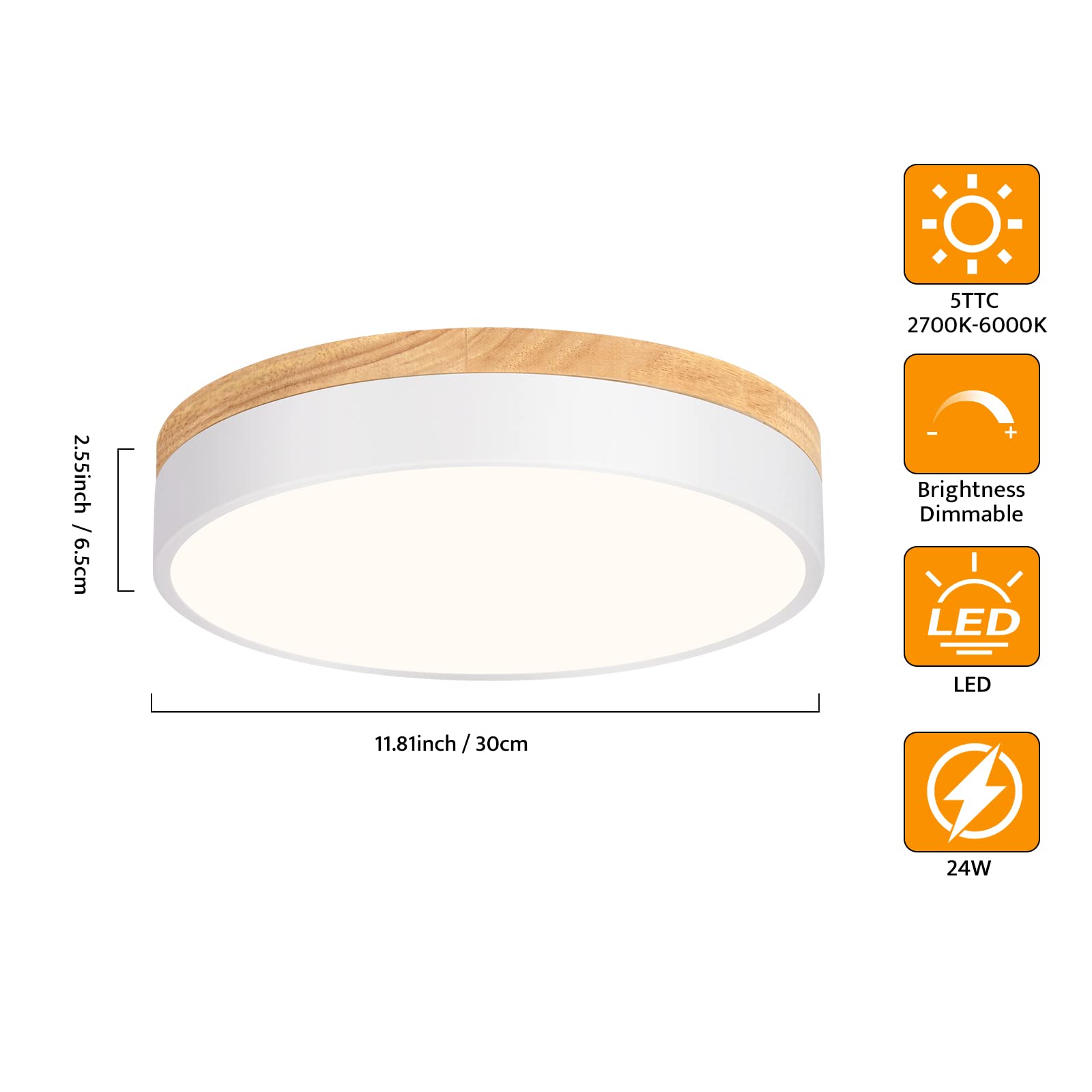 Yiisem Dimmable Wood LED Flush Mount Ceiling Light, 11.8in Modern, 5CCT 2700K-6000K, White Finish, Model 2022052404
