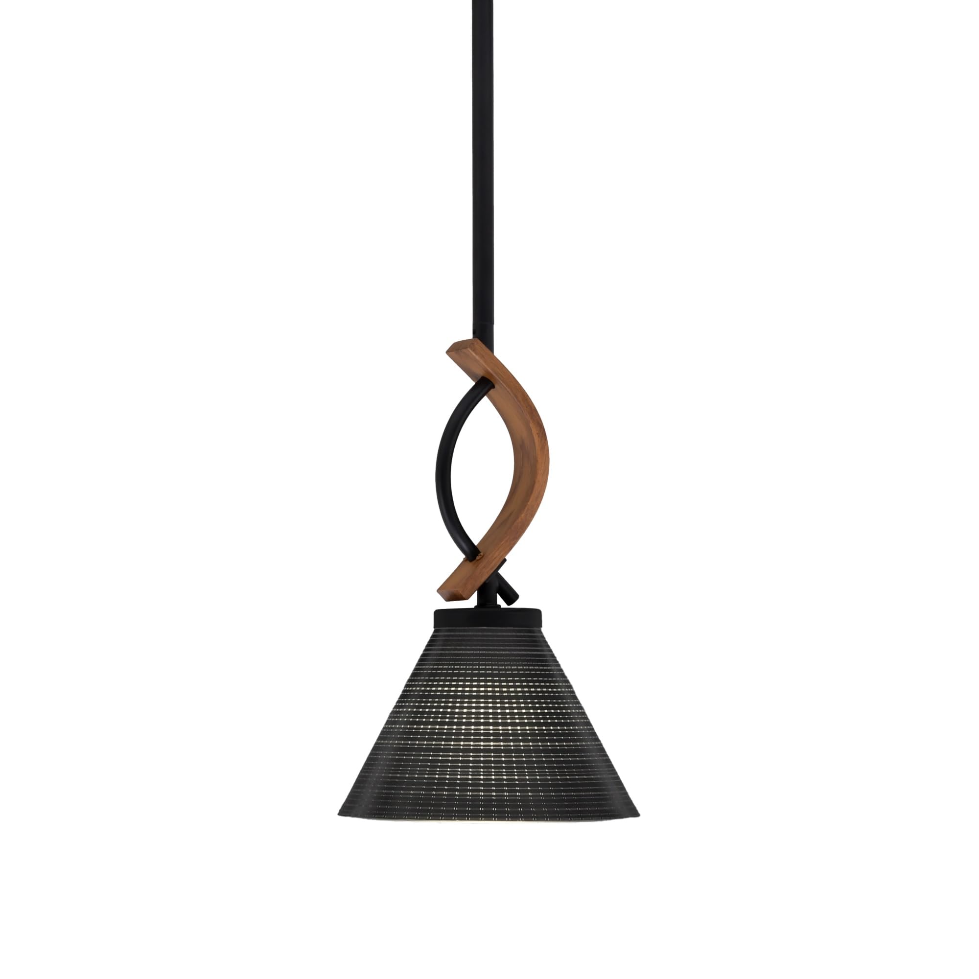 Toltec Lighting Monterey Stem Hung Mini Pendant, Matte Black & Wood-Look Metal, 7in Black Matrix Glass