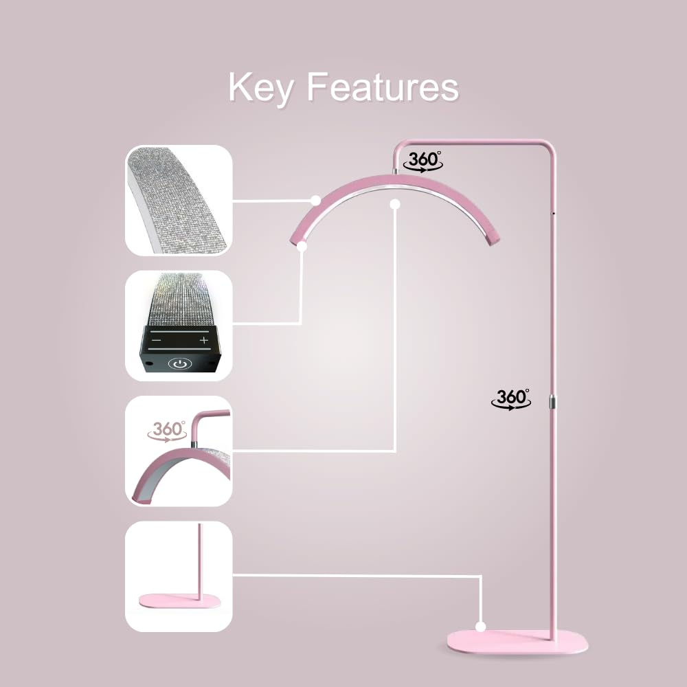 Atlas View Dimmable LED Moon Light - Adjustable Pink Bling Floor Lamp for Estheticians & Nail Techs, Model 4