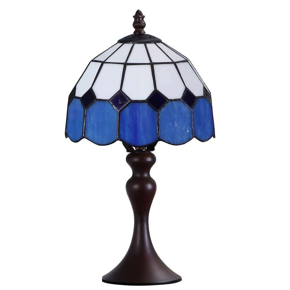 Bieye Tiffany Style Stained Glass Table Lamp, 15in Tall, 8in Wide Shade, Sea Blue, Model L10468, Brown Base