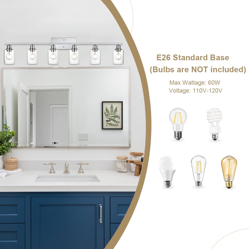 VINLUZ Bathroom Vanity Light Fixture, 6 Lights, Chrome Finish, Clear Glass Shade, Model cc0d4297-85a5-4b08-bbd2-a70658a4