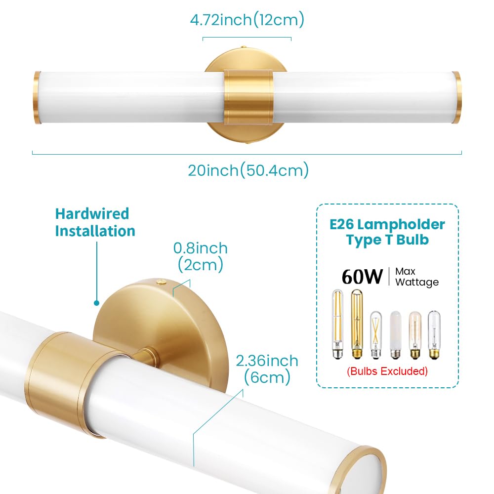 Vaziden Gold Bathroom Light Fixtures, Vanity Lights with Milk Glass Shade, 20 Inch Up/Down Wall Sconces for Bathroom, Bedroom, Living Room