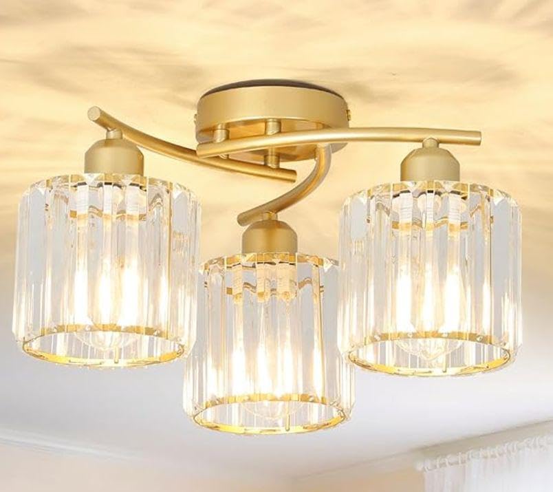 PAUFUL 3-Light Gold Semi Flush Mount Ceiling Light Fixture, Clear Crystal Shades, Model 241208A1