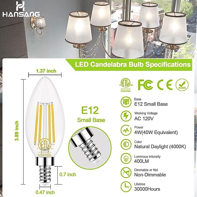 Hansang 10 Pack E12 Led Candelabra Bulb 4000K Natural Daylight, Ceiling Fan Light Bulbs 40W Equivalent, Samll Base Chandelier Li