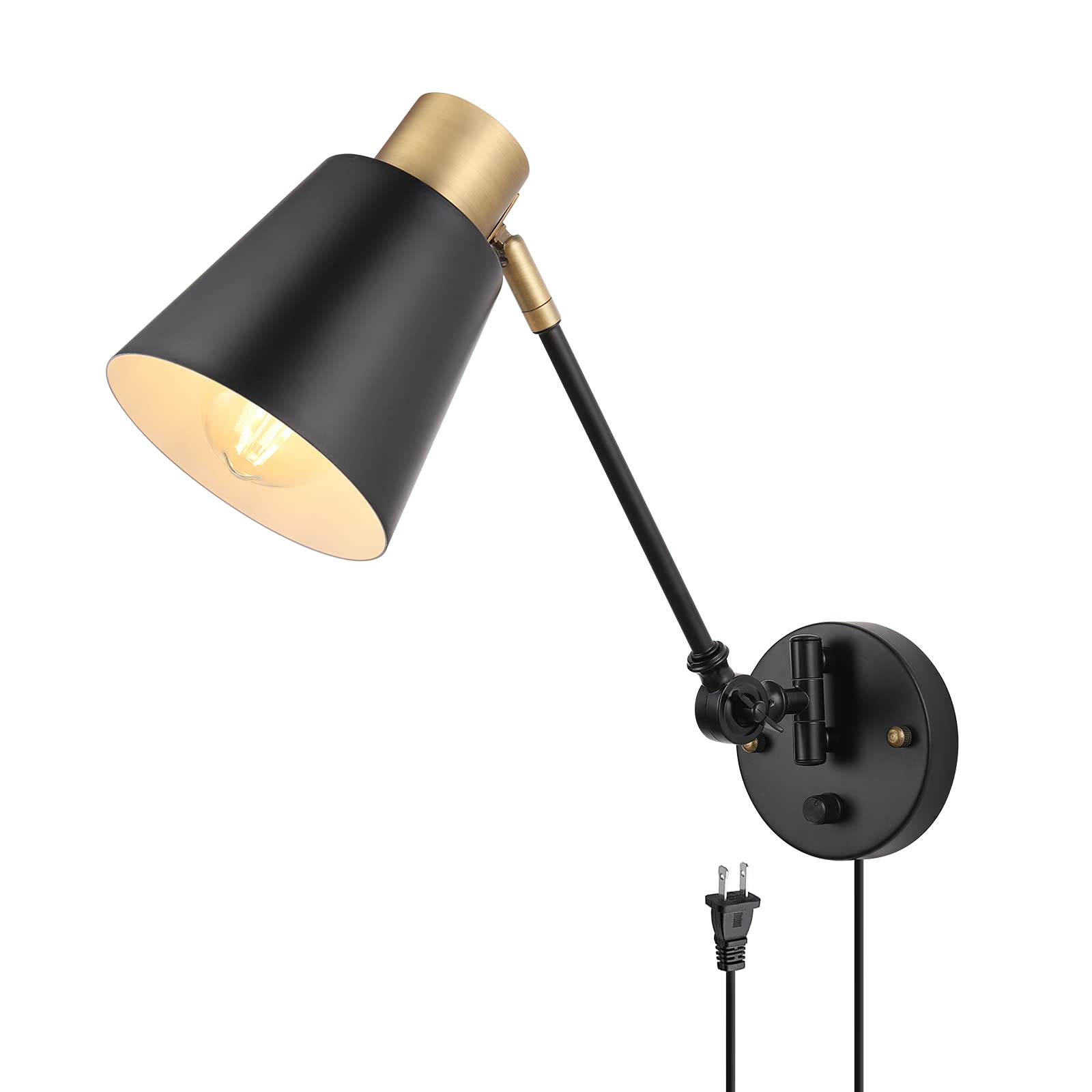 Goodate Dimmable Wall Lamp, Plug-In Swing Arm Sconce, Black Brass Industrial E26 Light