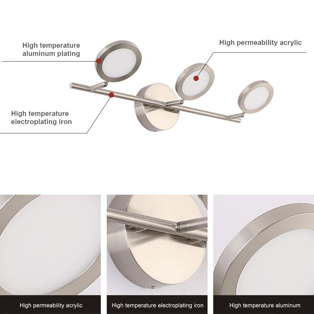 Joossnwell Modern Led Vanity Lights Nickel Finish, 3-Light Bathroom Lighting Fixtures 21.26" Inch 15W Metal Wall Sconces With Swing Arm Up And Down Lamps 4000K