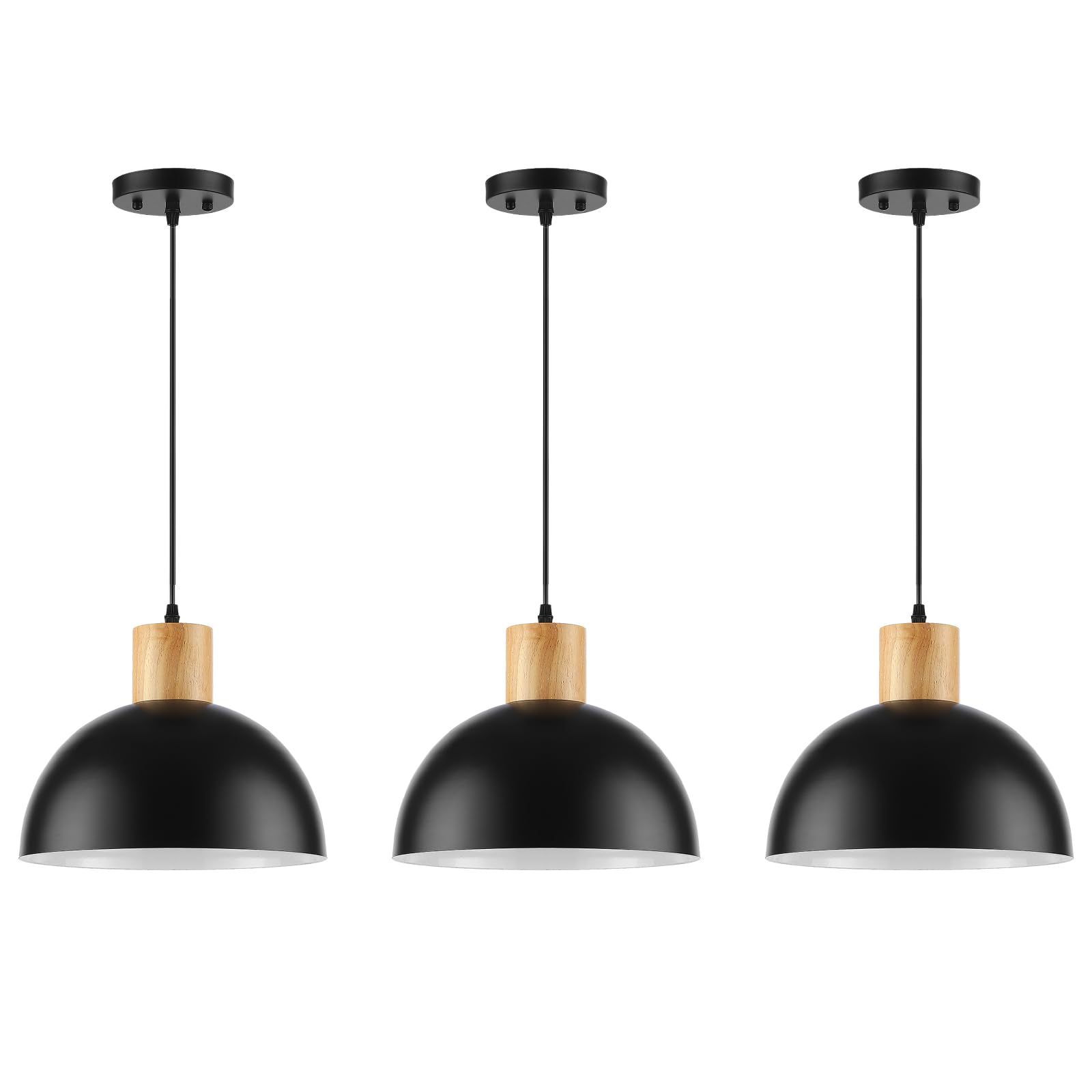 QianZhan Solid Wood Pendant Light 3 Pack, Modern Matte Black Pendant Lights Fixtures Adjustable Dome Hanging Lighting,for Kitche