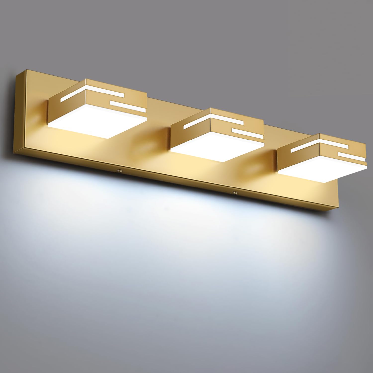 LKHF LED Modern Bathroom Vanity Light Fixtures  3-Light 22-inch Dimmable Gold Vanity Lights for Bathroom Lighting Fixtures Over Mirror  with 350 Rotatable Heads (Cool White 6000K)