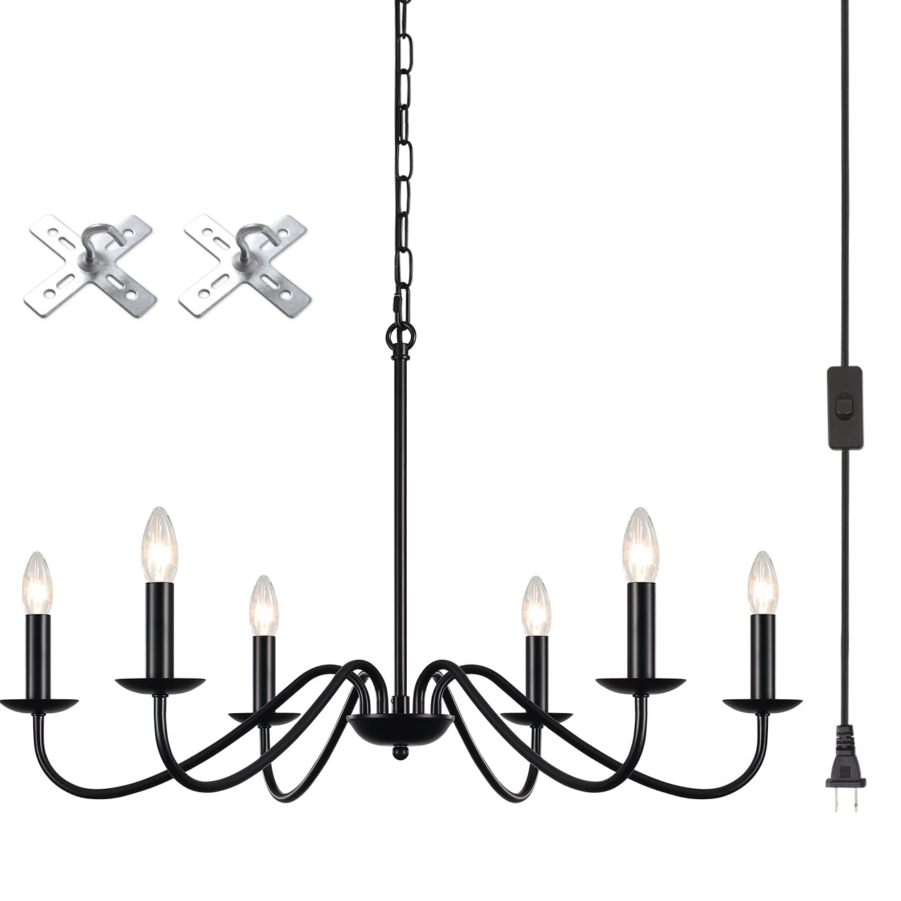 LASENCHOO Plug in Chandelier Black 6 Lights Plug in Pendant Light Hanging Lights with Plug in Cord 15.1ft & Switch, Plug in Ceil