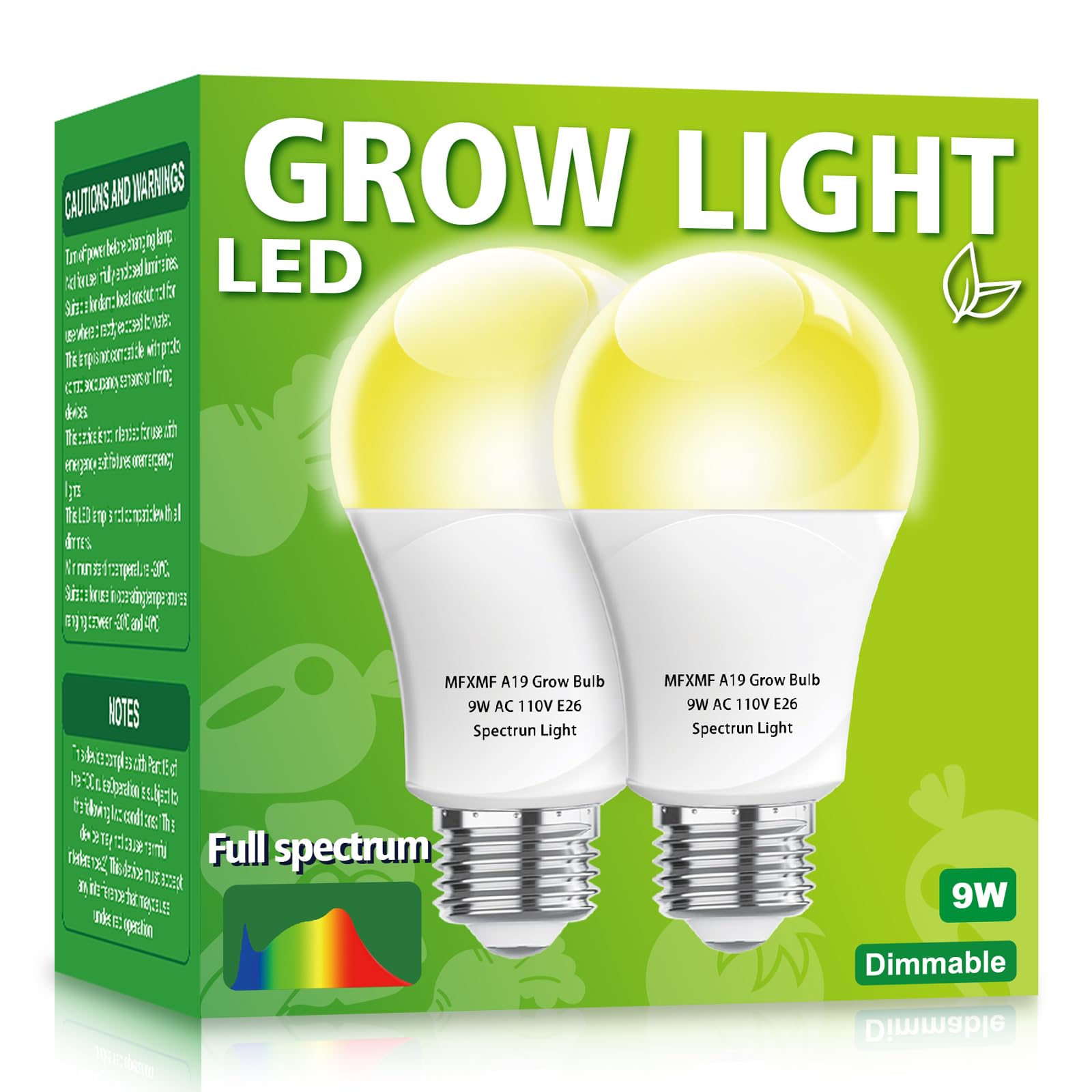 mfxmf LED Grow Light Bulbs, Full Spectrum 9W E26, 2 Pack A19 for Indoor Plants, Hydroponic, Greenhouse