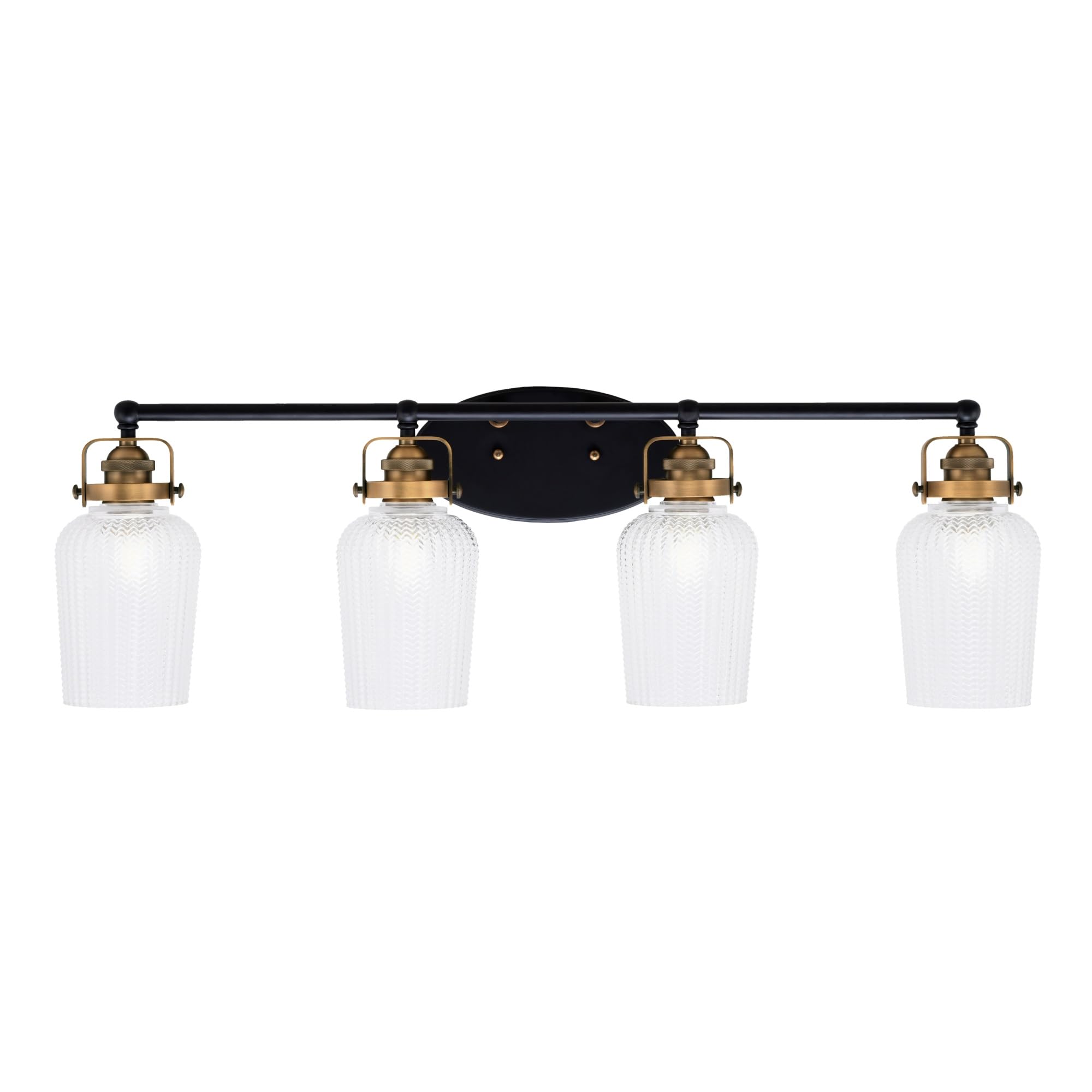 Easton 4 Light Bath Bar Shown In Matte Black & Brass Finish With 5" Clear Textured Glass