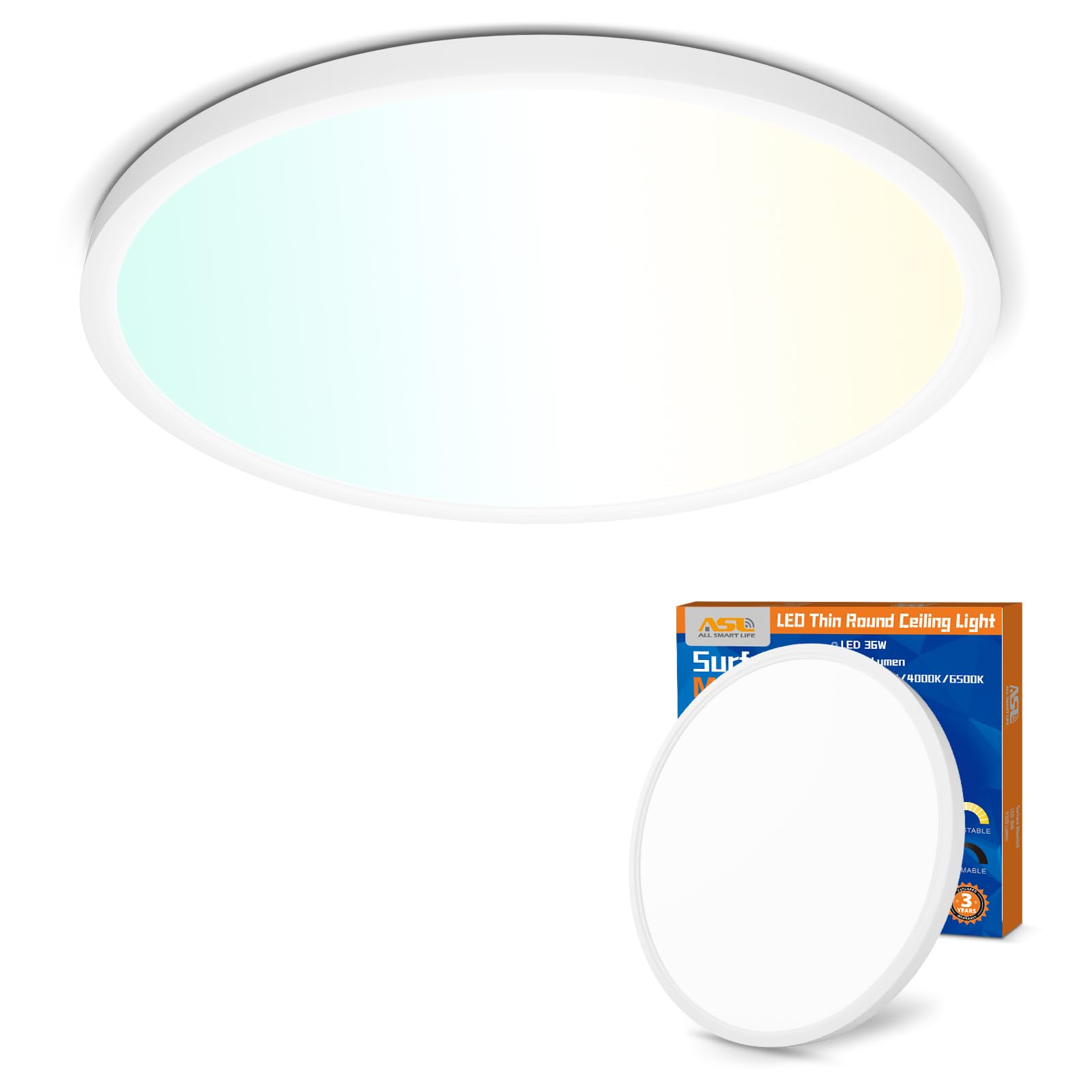 Allsmartlife LED Flush Mount Ceiling Light Fixture 1-Pack, 18 inch 36W 4650lm Flat Ceiling Light, 3000K/4000K/6500K, Round Ceili