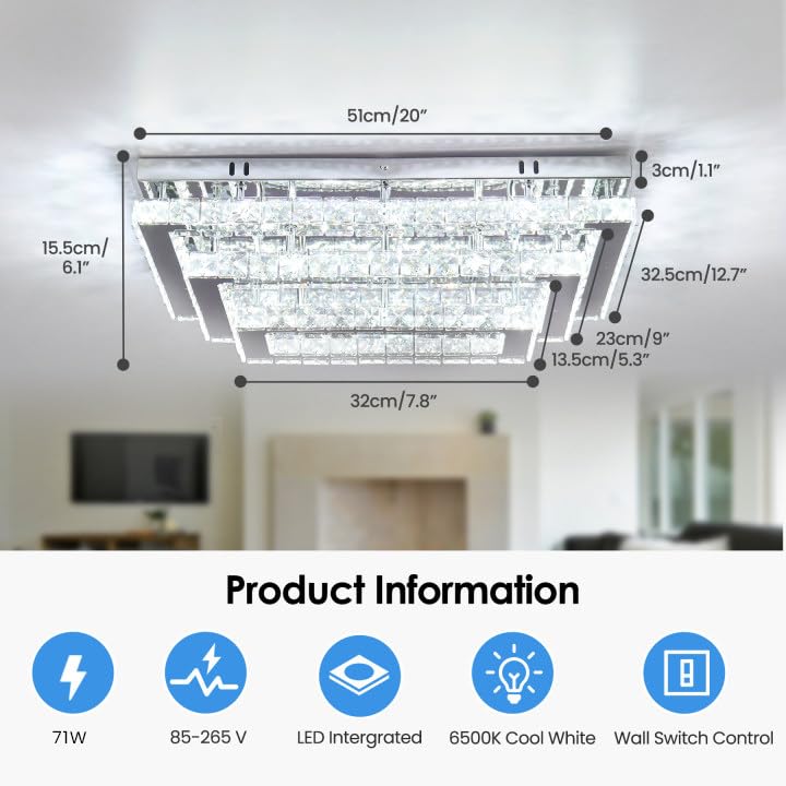 Finktonglan Modern Crystal Led Ceiling Light Fixture, 20&quot; Rectangular Chandelier, 3-Tier, Cool White