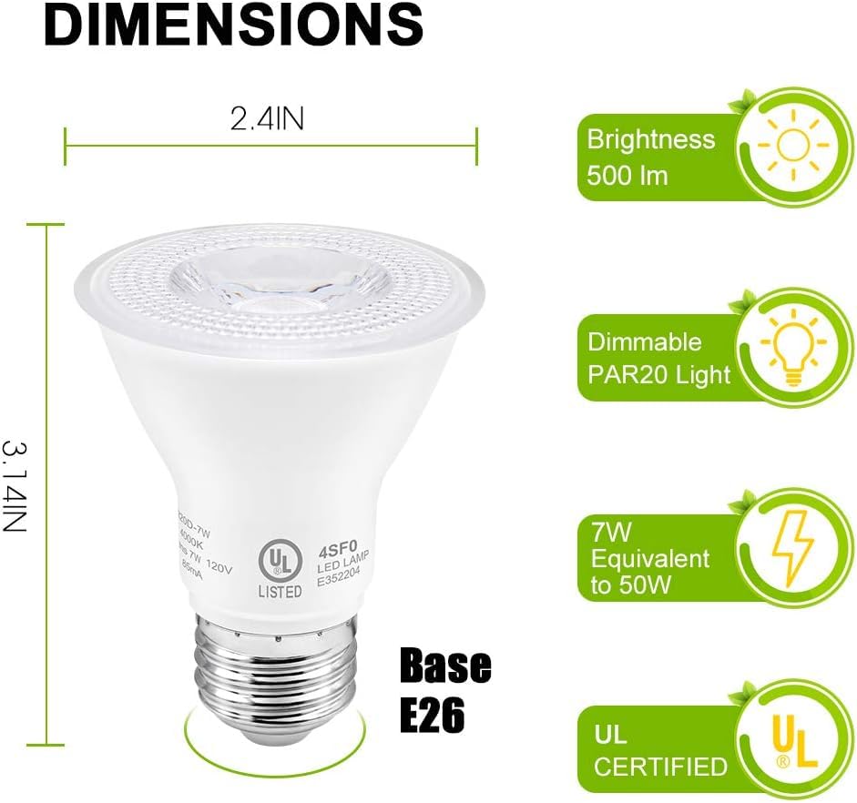 7W Par20 Led Bulb (50W Equivalent), Ul Listed, 4000K Nature White Dimmable Flood Bulbs Lights, 500 Lumens, E26 Base, Recessed Li