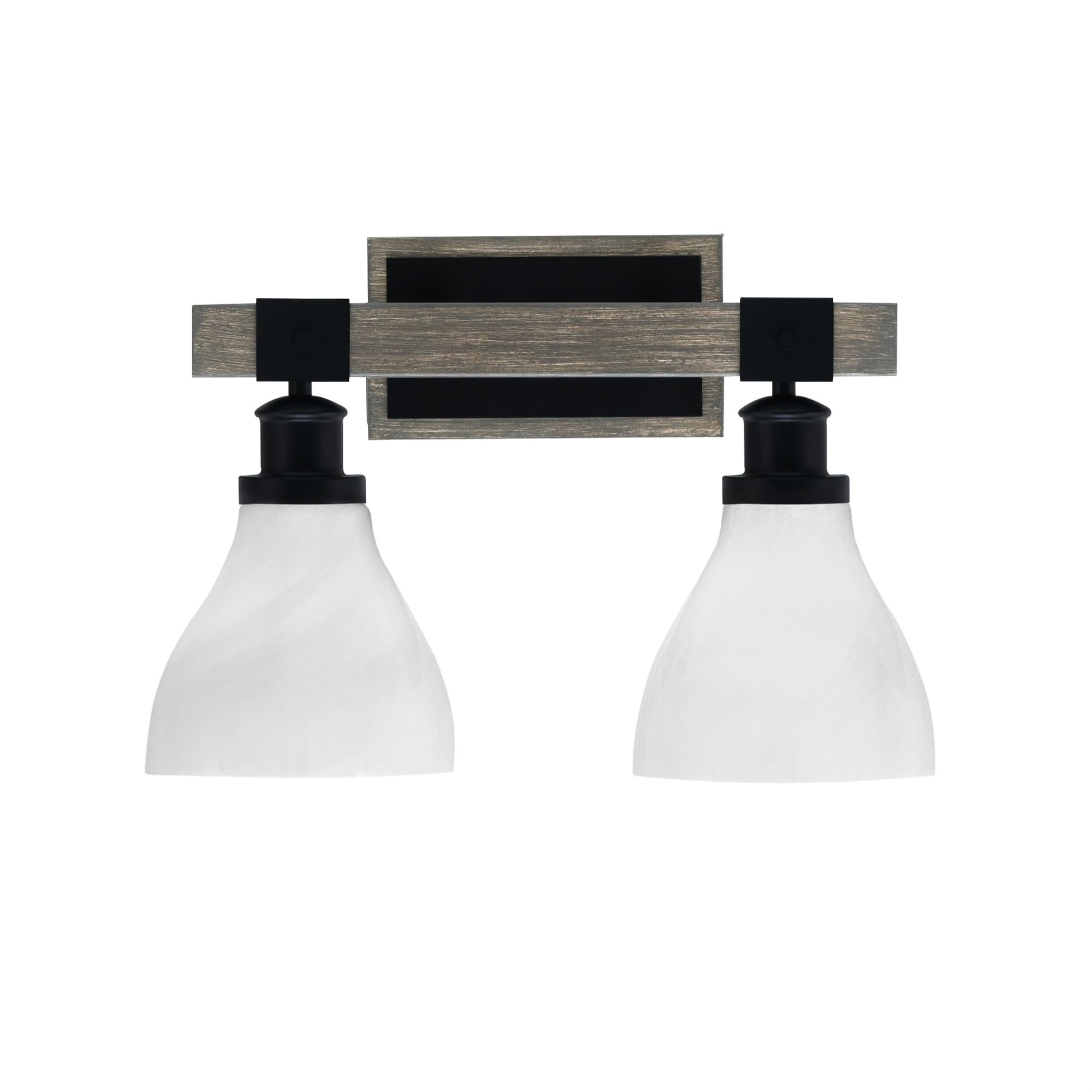 Toltec Lighting Tacoma 2 Light Bath Bar, Matte Black & Distressed Wood Finish, 6.25in White Marble Glass