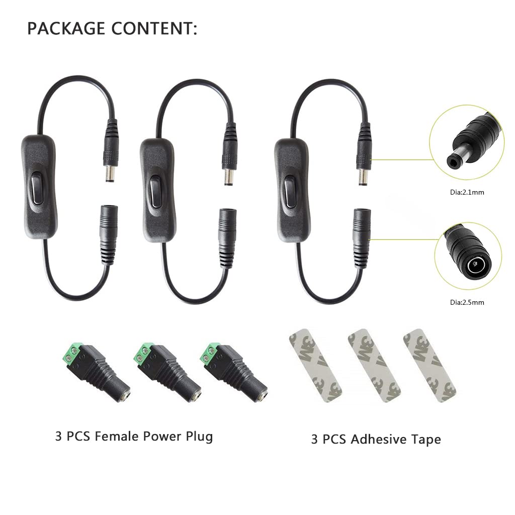 Gxilee Led Switch Connector Male To Female 12V Inline Switch And Female Dc Power Jack(5.5Mm X 2.1Mm Connector), 3 Pack