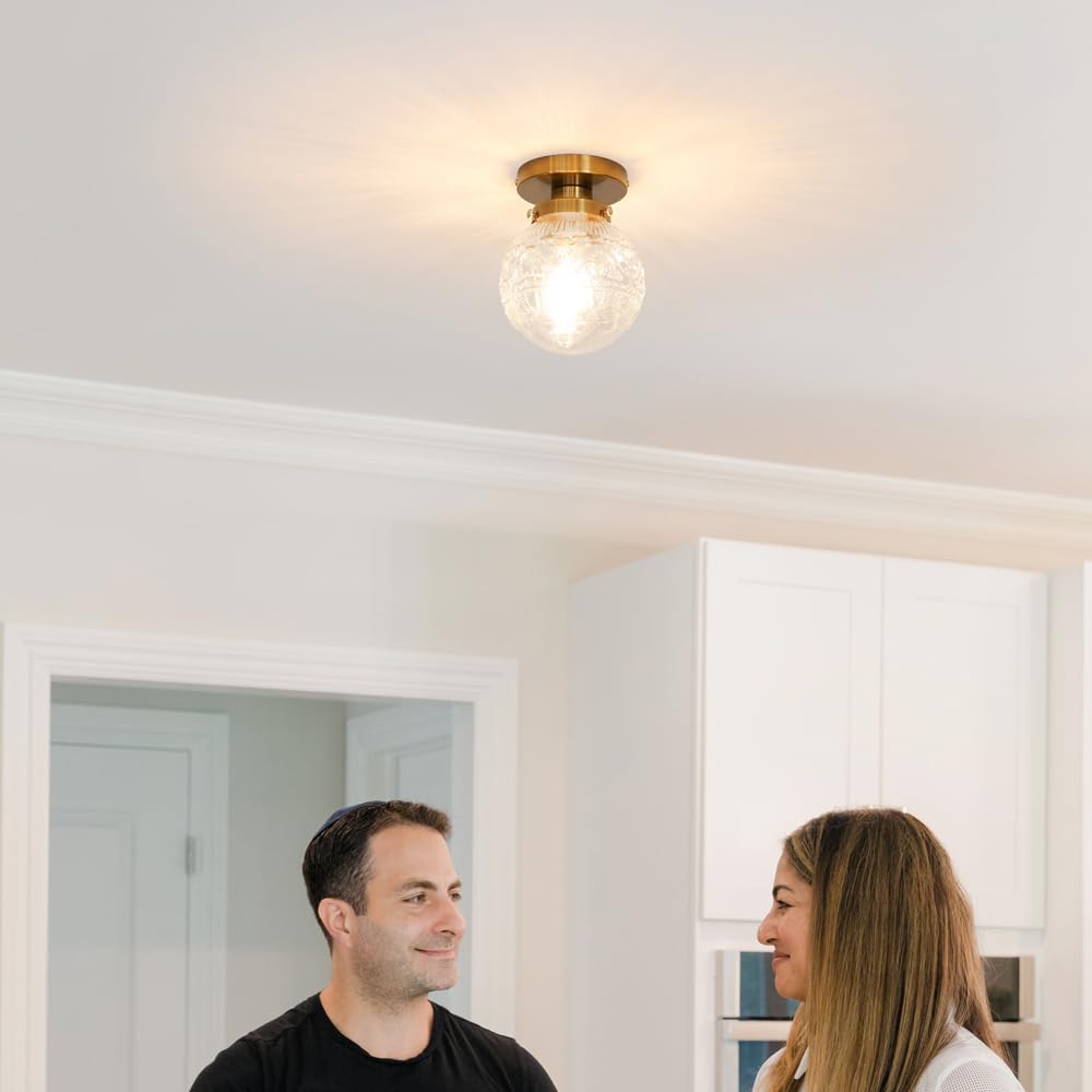 Daunton Semi Flush Mount Ceiling Light, Modern Globe Clear Glass Ceiling Light Fixture, Vintage Small Brass Gold Hallway Light Fixtures For Kitchen, Entryway, Bathroom, Closet