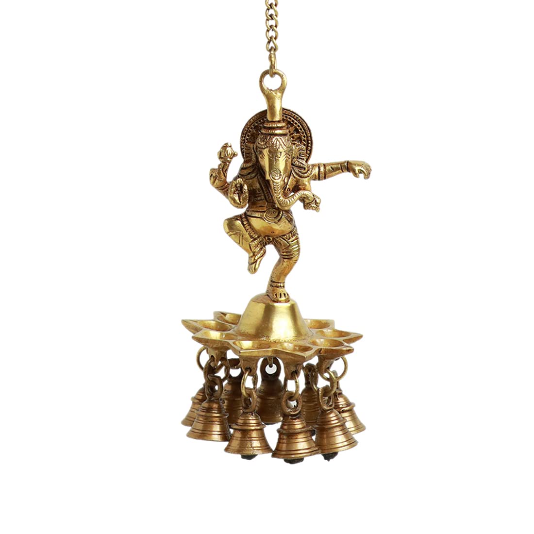 ExclusiveLane Swaying Ganesha Decorative Brass Hanging Diya for Puja Room Mandir with Bell (Pure Brass, 9 Diyas & Bells, 22.2 In