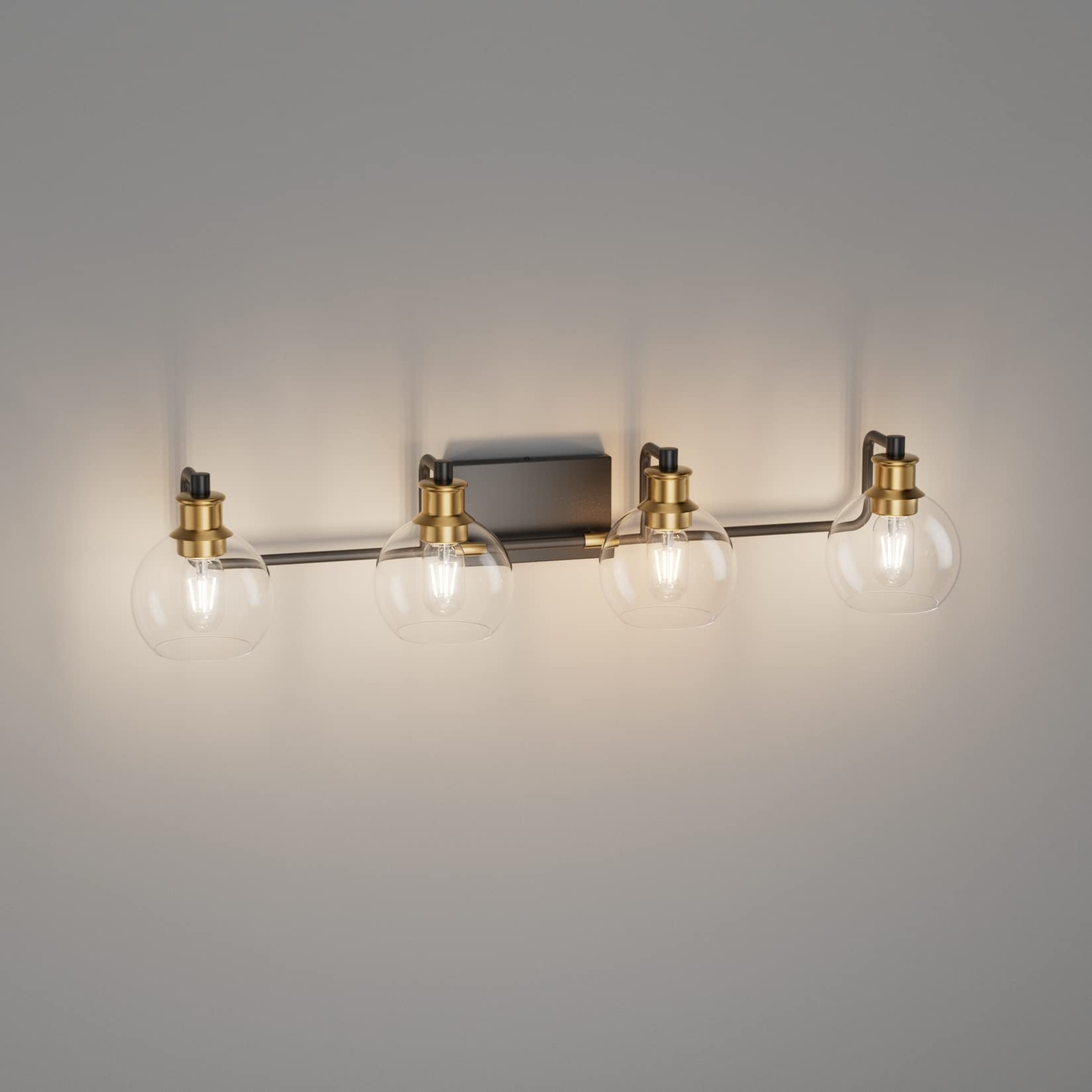 Tipace 4-Light Vintage Bathroom Vanity Lighting Fixtures, Black & Gold Finish, Metal, Model L-7493-1, Clear Glass Globes