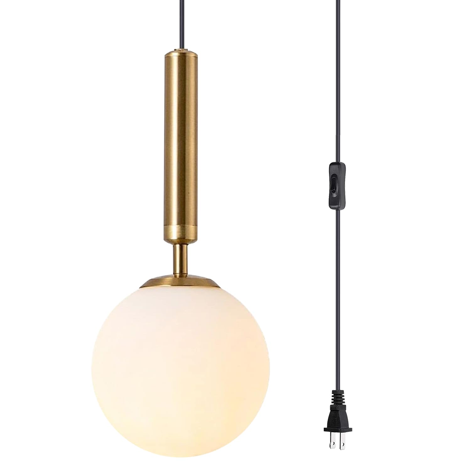 BOKT Mid Century Modern Large Gold Globe Hanging Pendant Light Plug in Brushed Brass White Glass Hanging Lamp Plug in Cord Minim