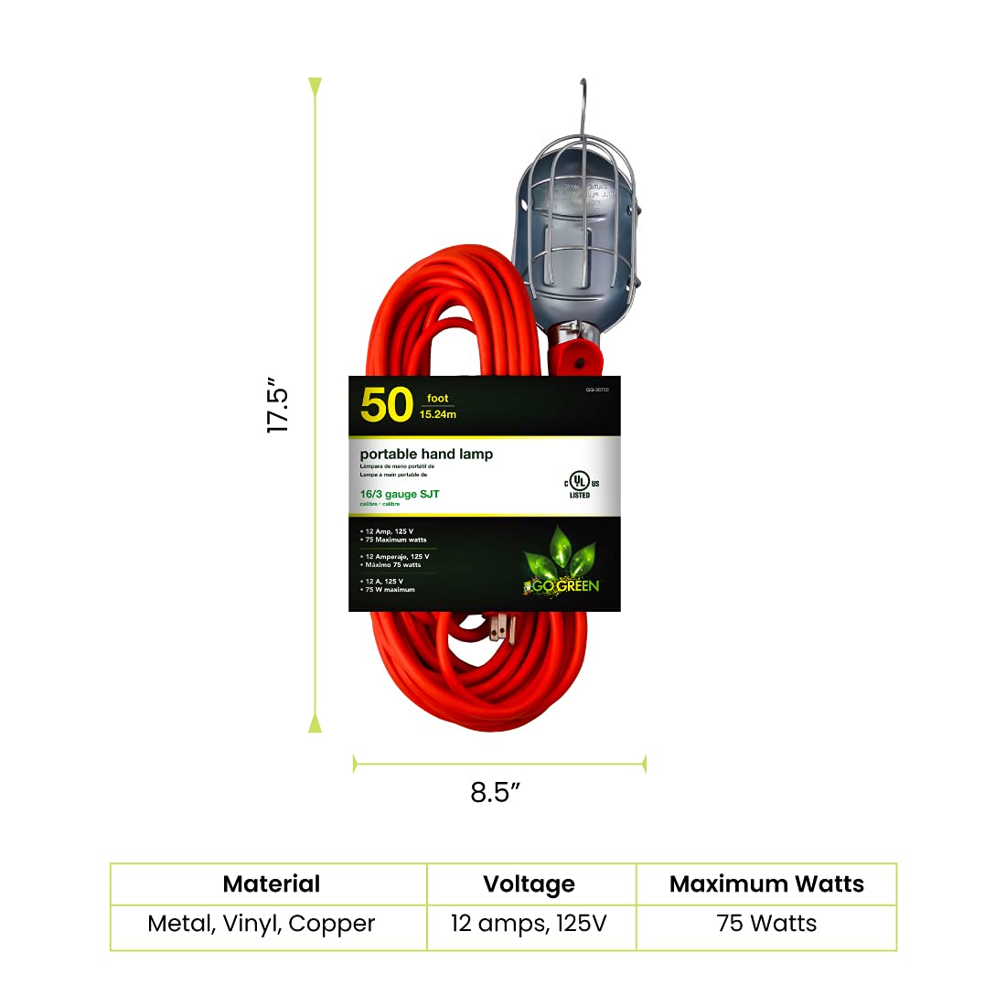 Go Green Power Inc. 50Ft Portable Hand Lamp With 16/3 Kink-Free Cord (Bulb Not Included)- Durable Construction, Swivel Hook, And