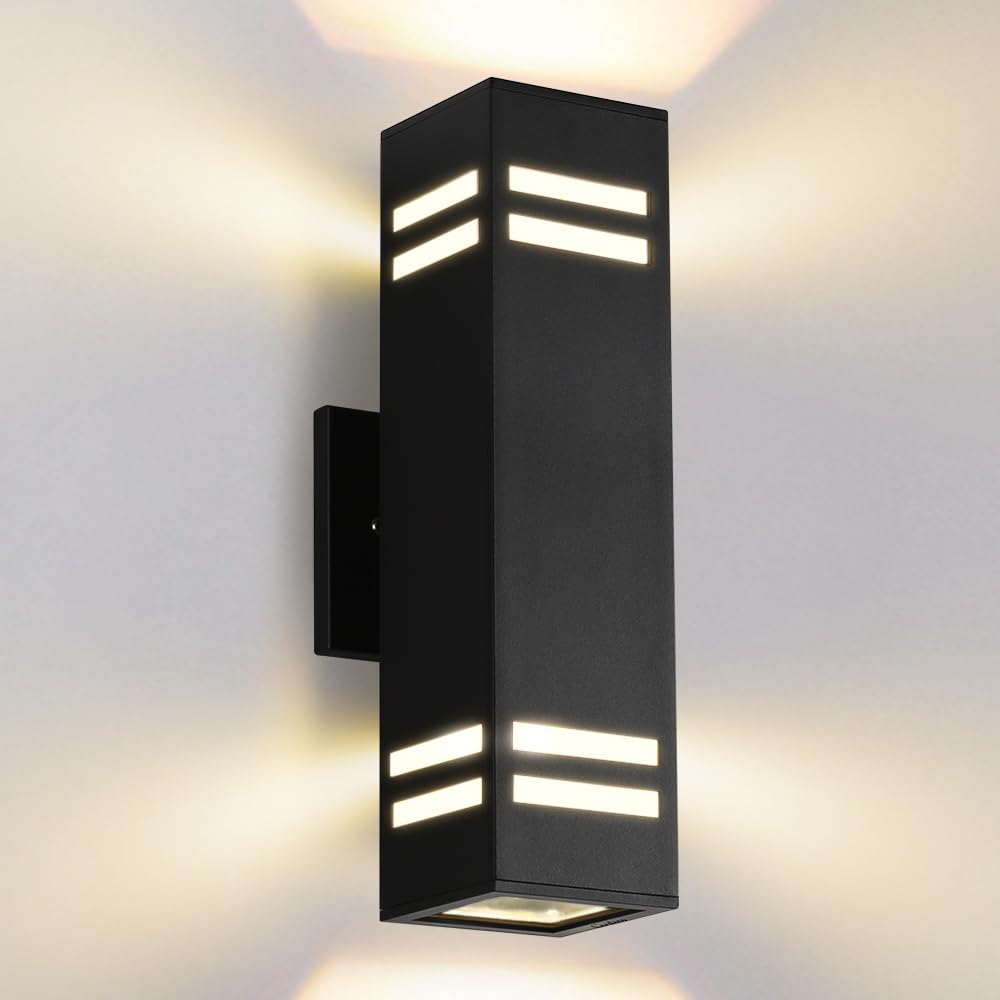 Cerdeco Aluminum Modern Outdoor Wall Light,15 Exterior Up Down Wall Sconce Light Fixture Sand Textured Black with 3-Sided Froste