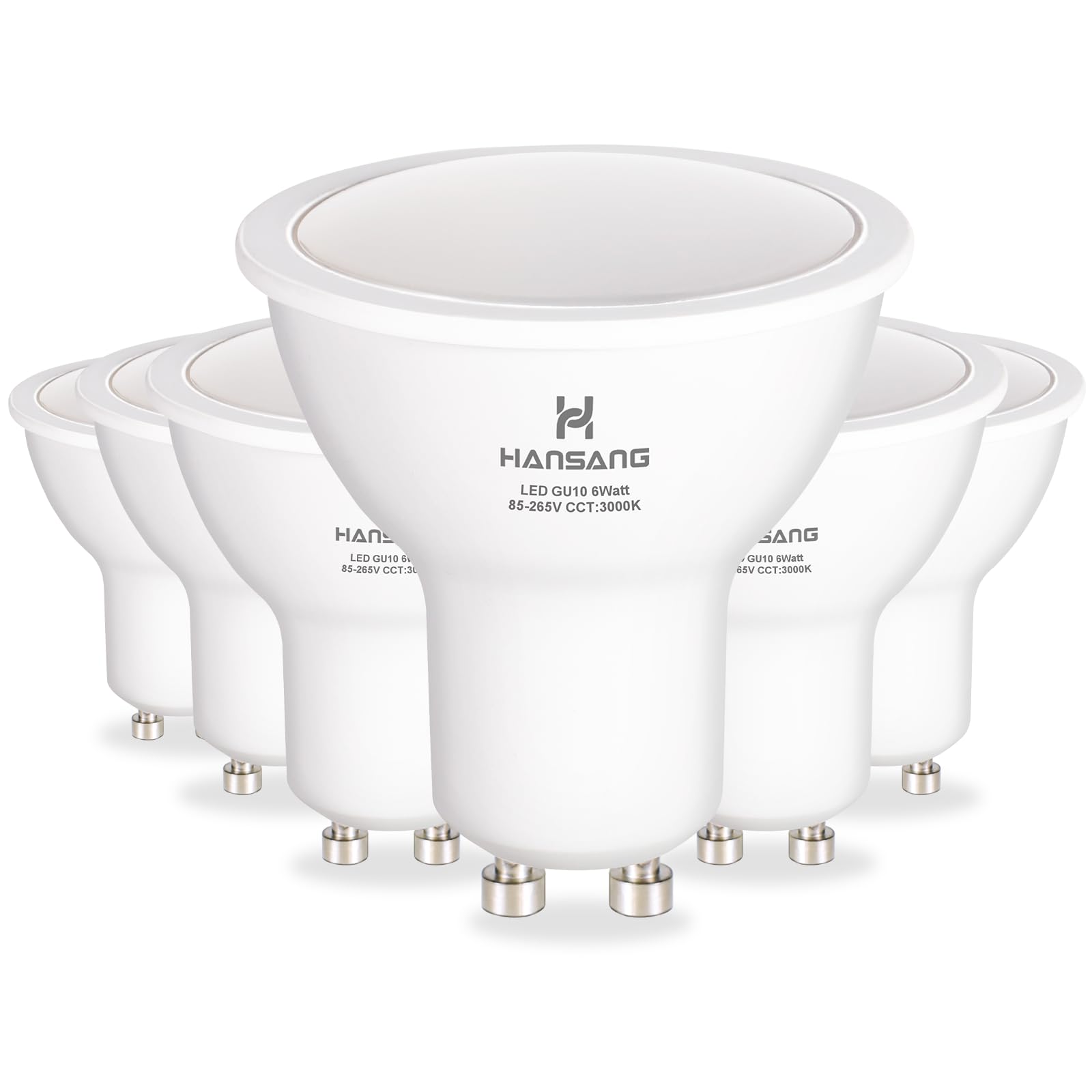 hansang GU10 LED Bulbs 6W Equivalent, 550 Lumens, Warm White 3000K, Frosted MR16 Shape, Non-Dimmable, 6 Pack