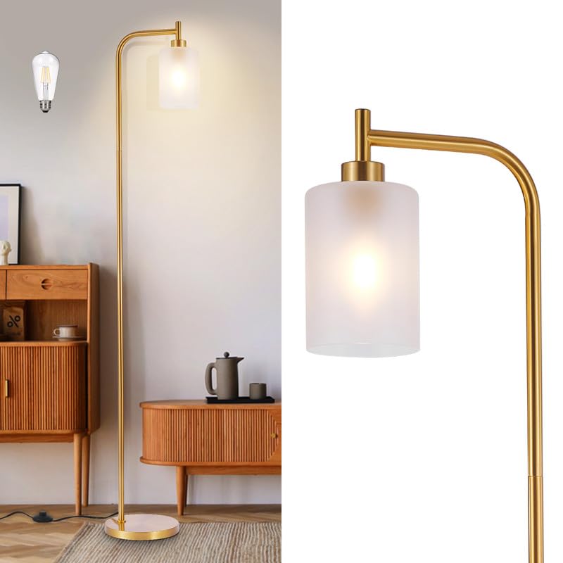 Dllt Floor Lamp Tall For Room: Gold Standing Lamp With Frosted Glass Lampshade For Living Room - Modern Bright Lamp For Bedroom 